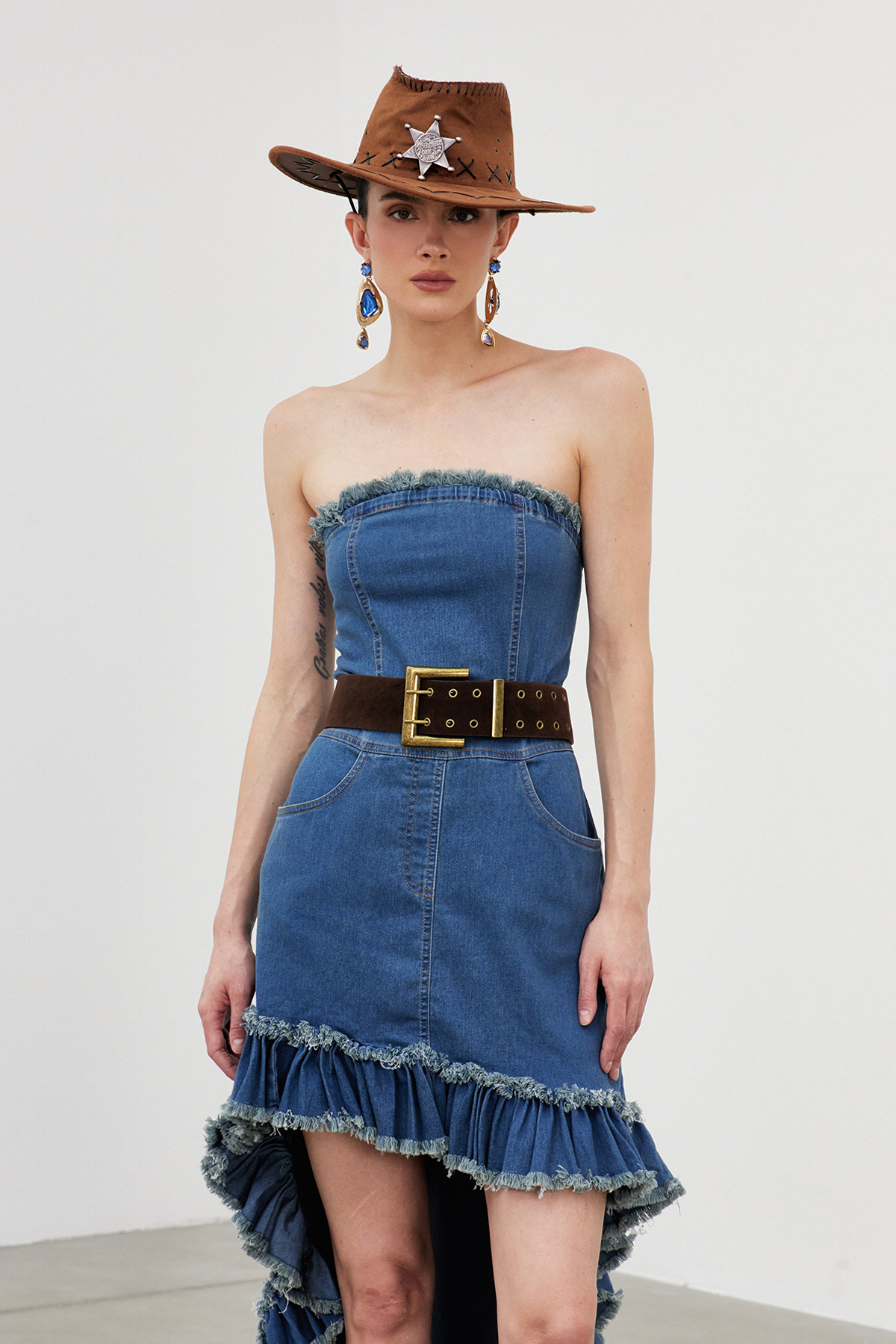 Iasmina Fringe Denim High Low Mini Dress