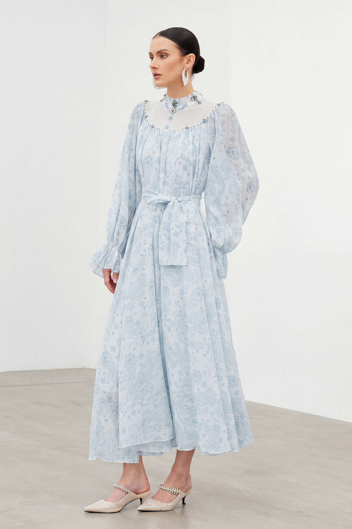 Ibai Balloon Sleeve Print Maxi Dress In Blue