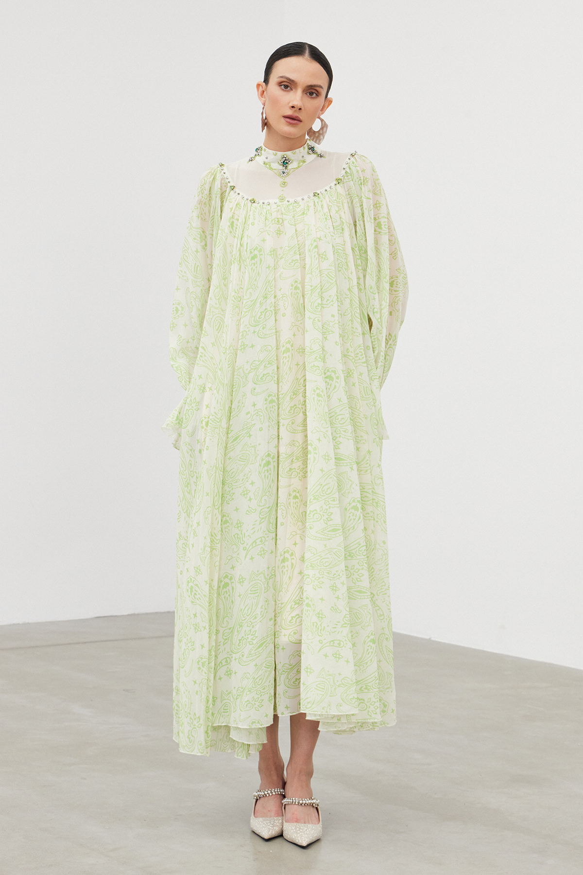 Ibai Balloon Sleeve Print Maxi Dress In Green
