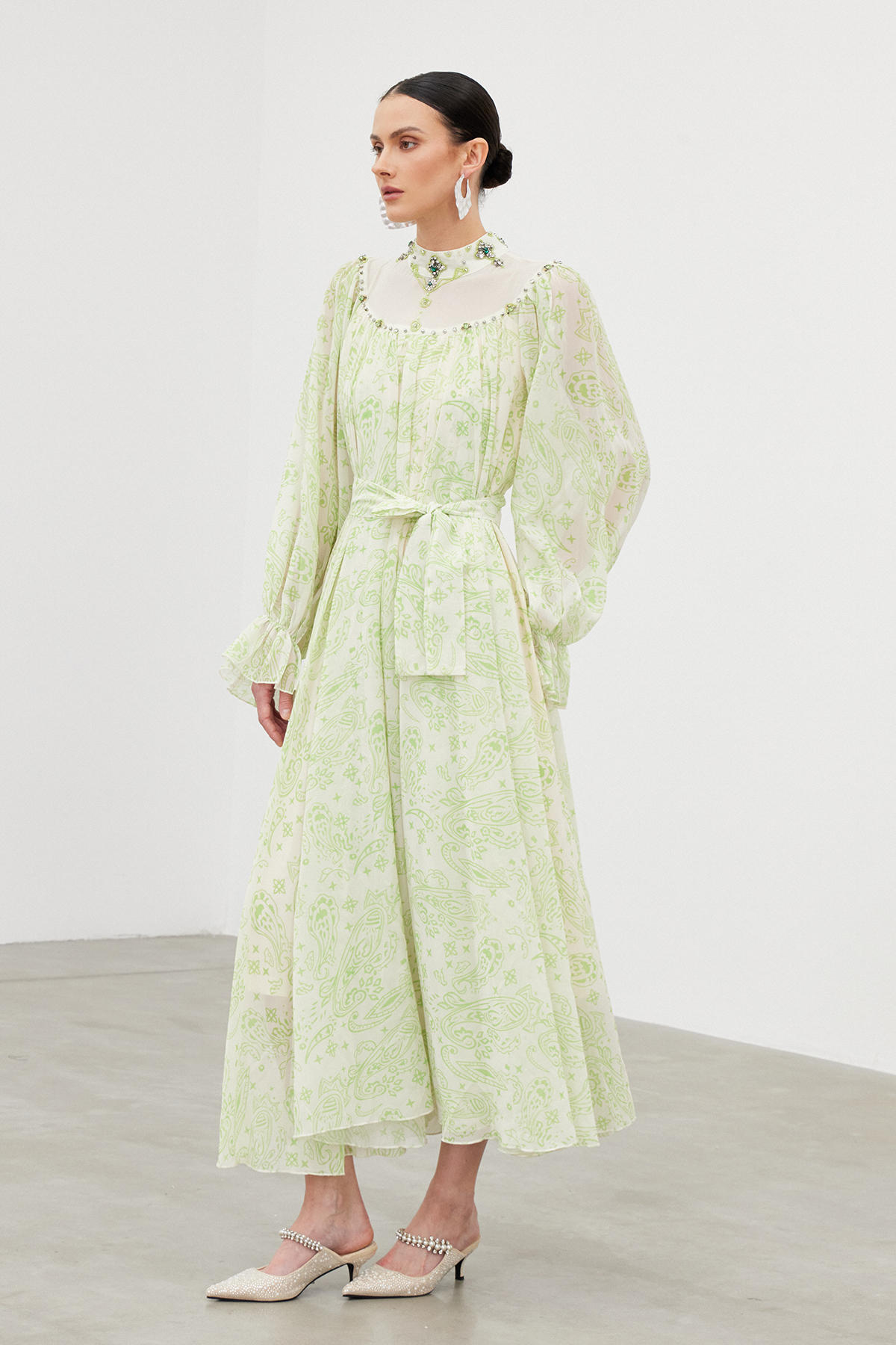 Ibai Balloon Sleeve Print Maxi Dress In Green