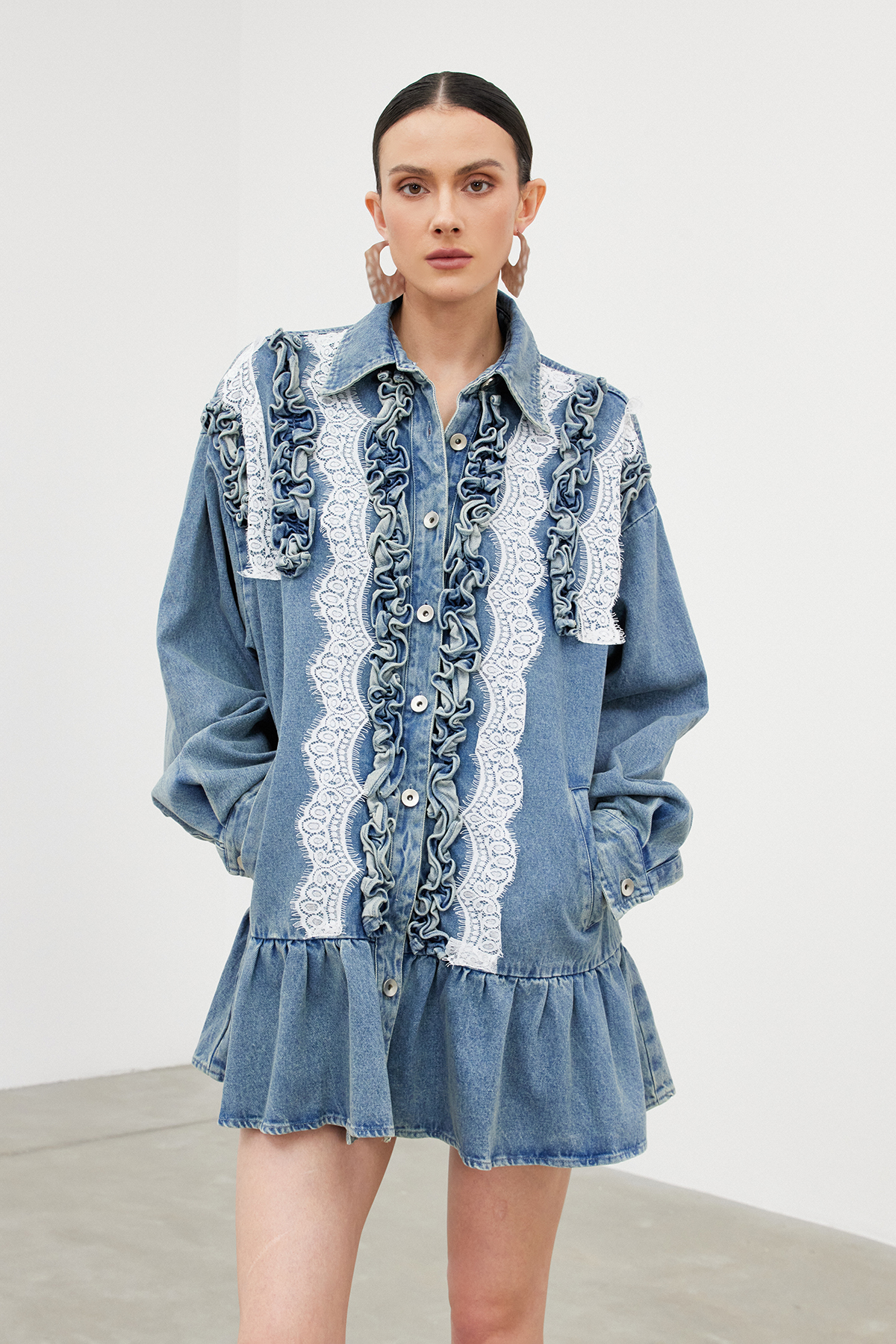 Ibbie Lace Ruffle Denim Mini Dress