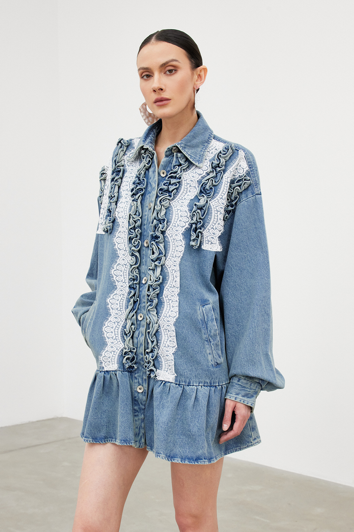 Ibbie Lace Ruffle Denim Mini Dress
