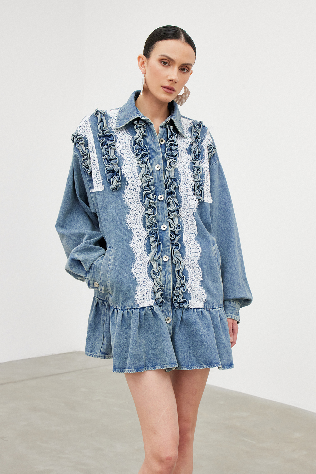 Ibbie Lace Ruffle Denim Mini Dress
