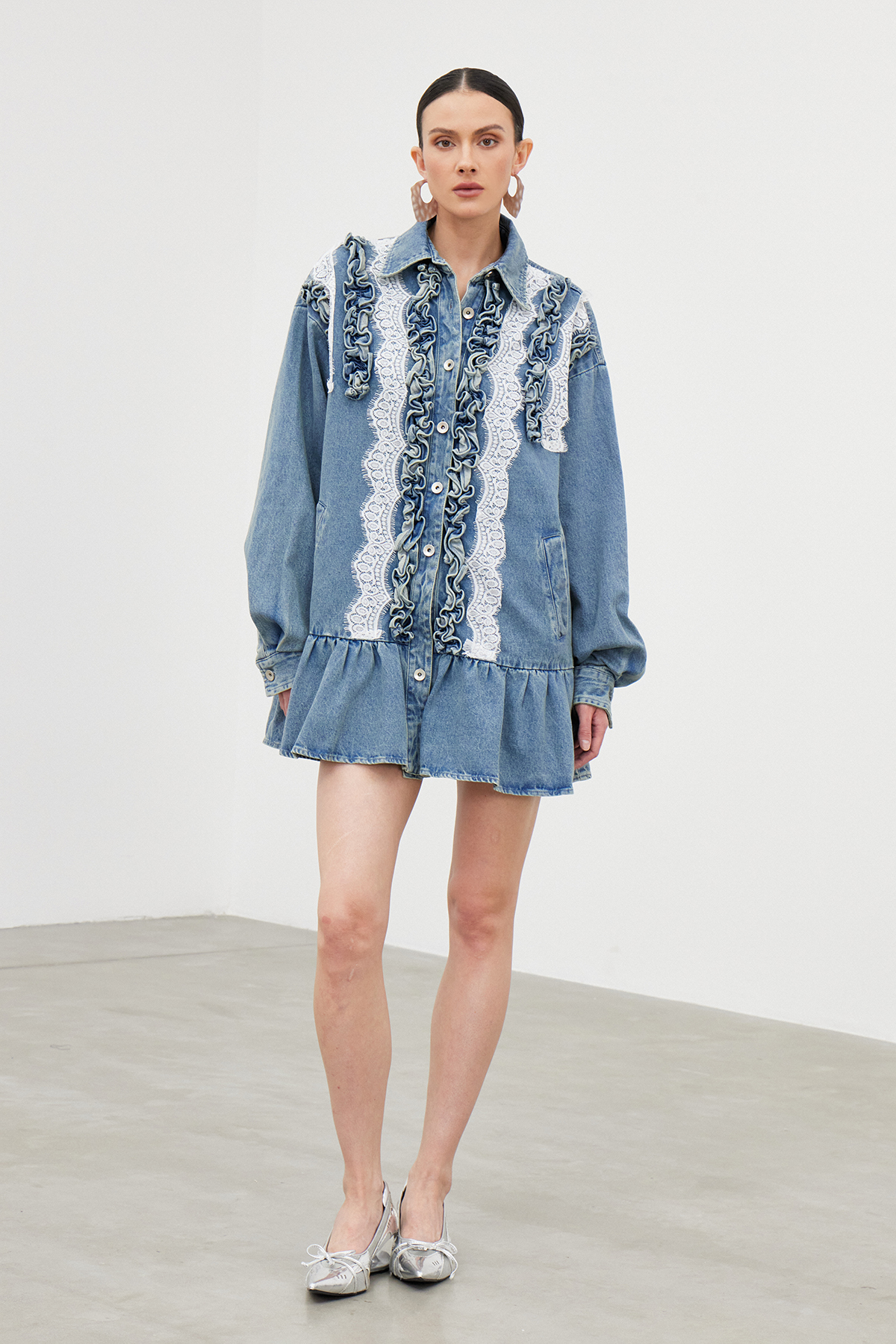 Ibbie Lace Ruffle Denim Mini Dress
