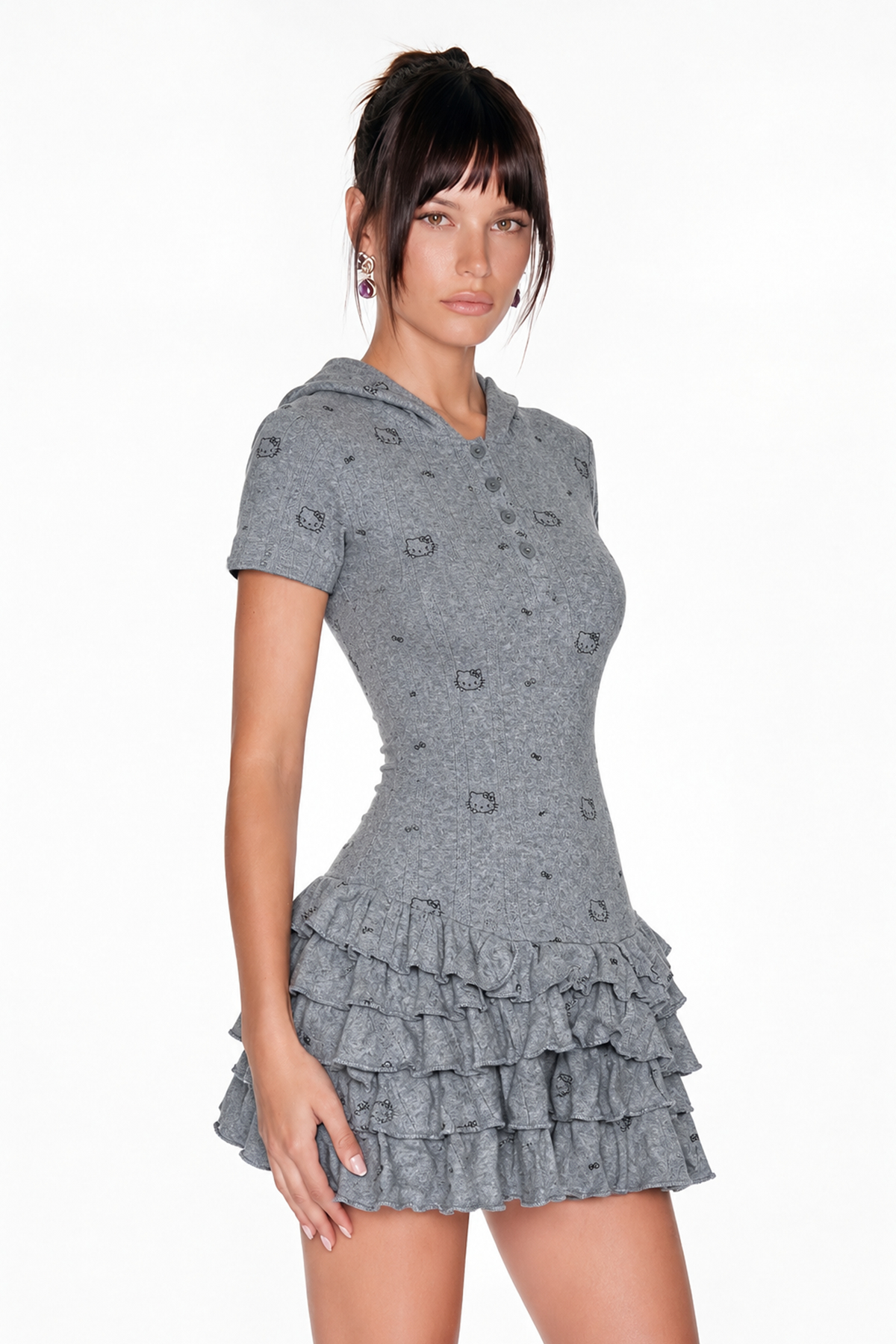 Iben Print Hooded Tiered Mini Dress