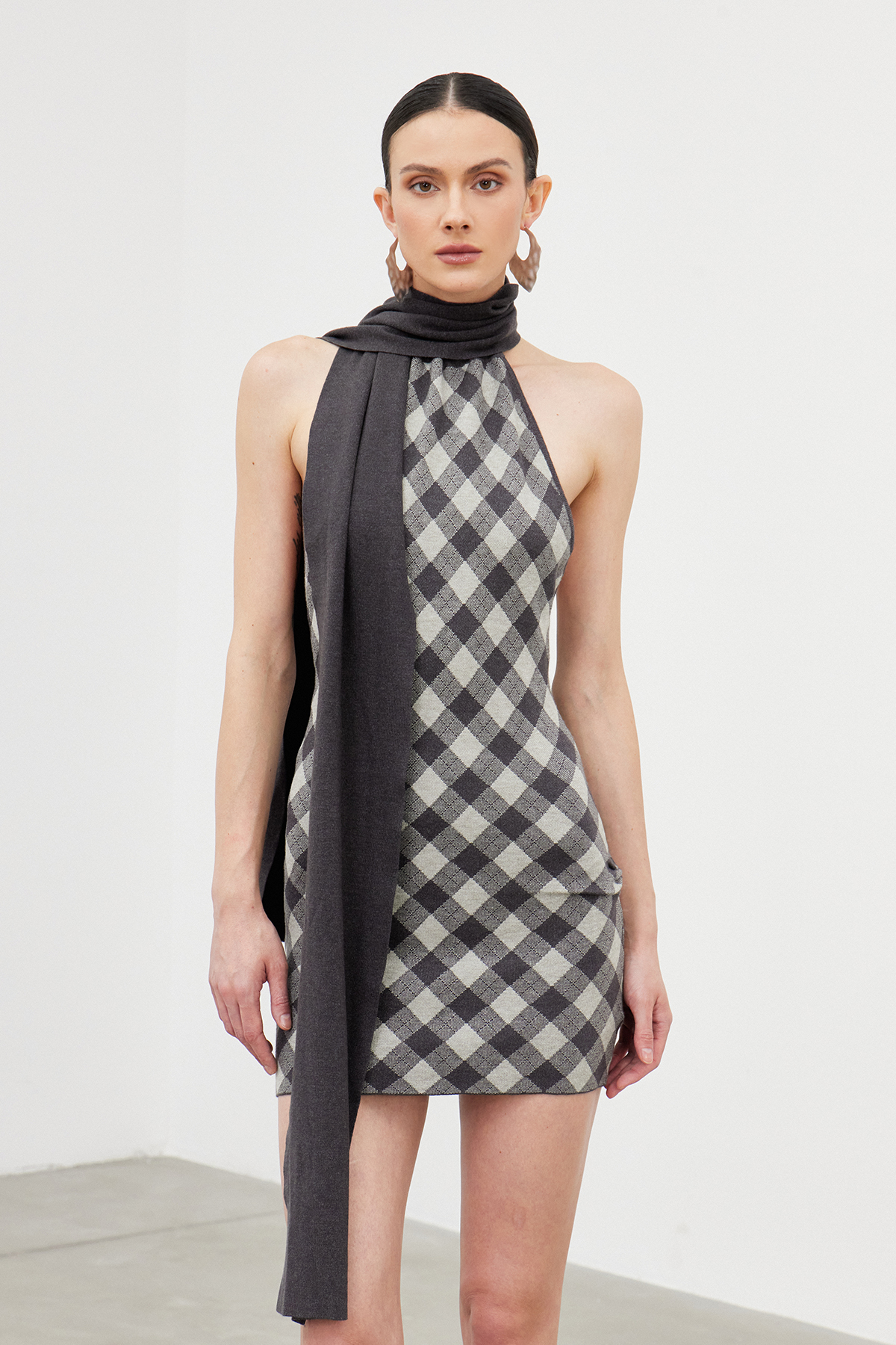 Ibraahim Halter Neck Diamond Pattern Scarf Mini Dress