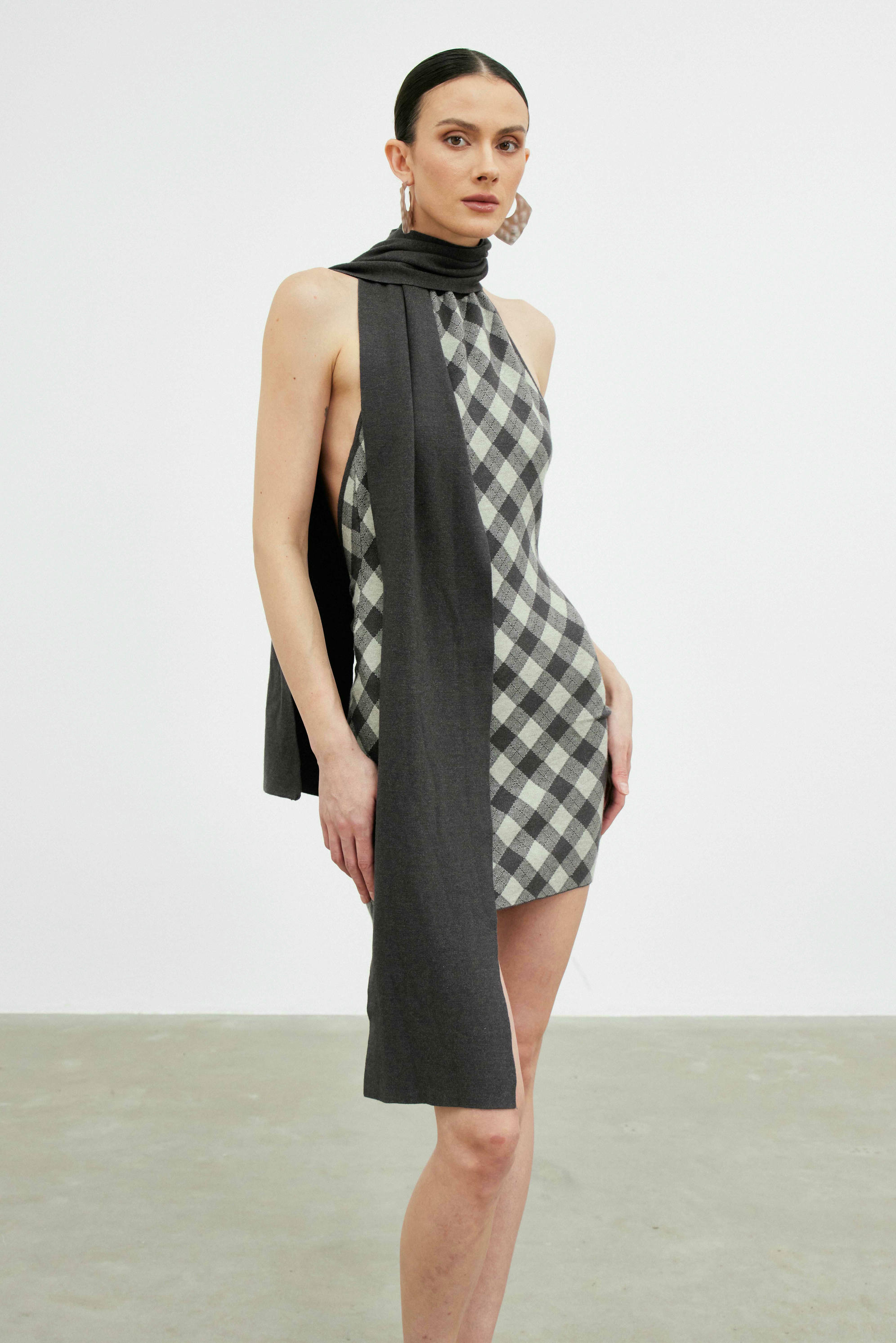 Ibraahim Halter Neck Diamond Pattern Scarf Mini Dress