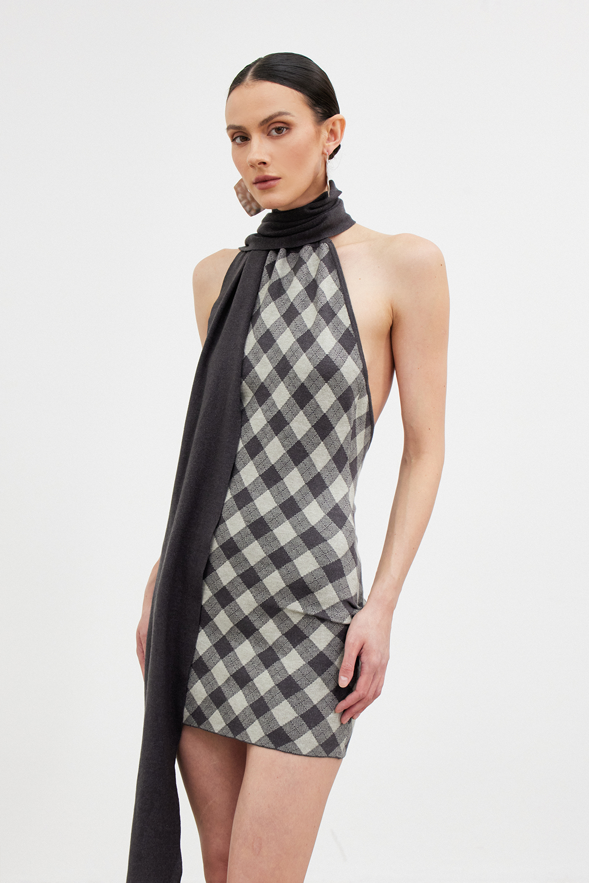 Ibraahim Halter Neck Diamond Pattern Scarf Mini Dress