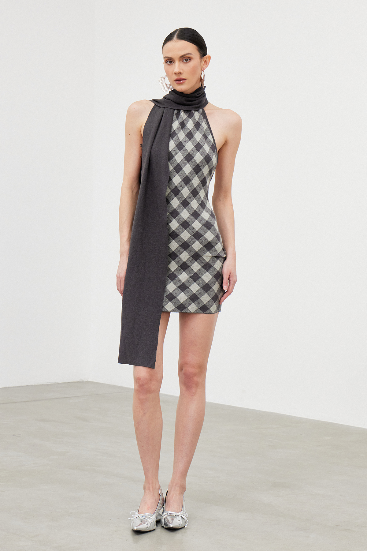 Ibraahim Halter Neck Diamond Pattern Scarf Mini Dress