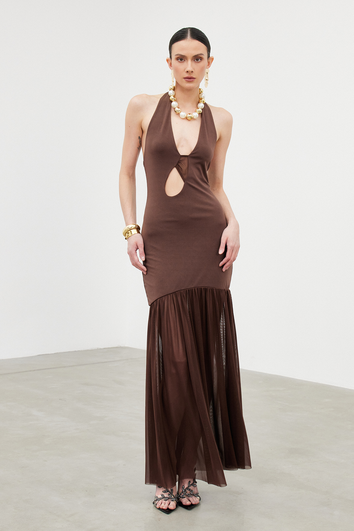 Ibrahima Halter Neck Cutout Mesh Maxi Dress
