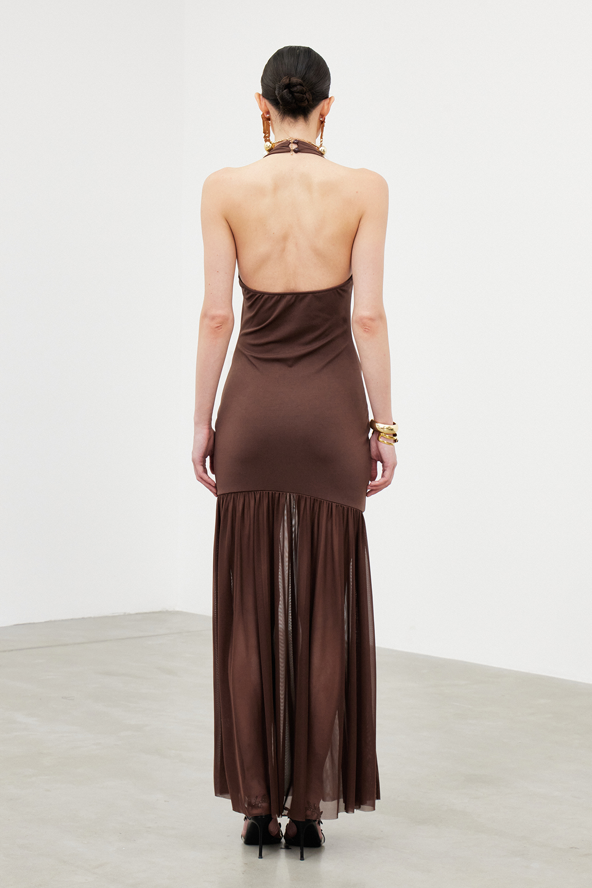 Ibrahima Halter Neck Cutout Mesh Maxi Dress