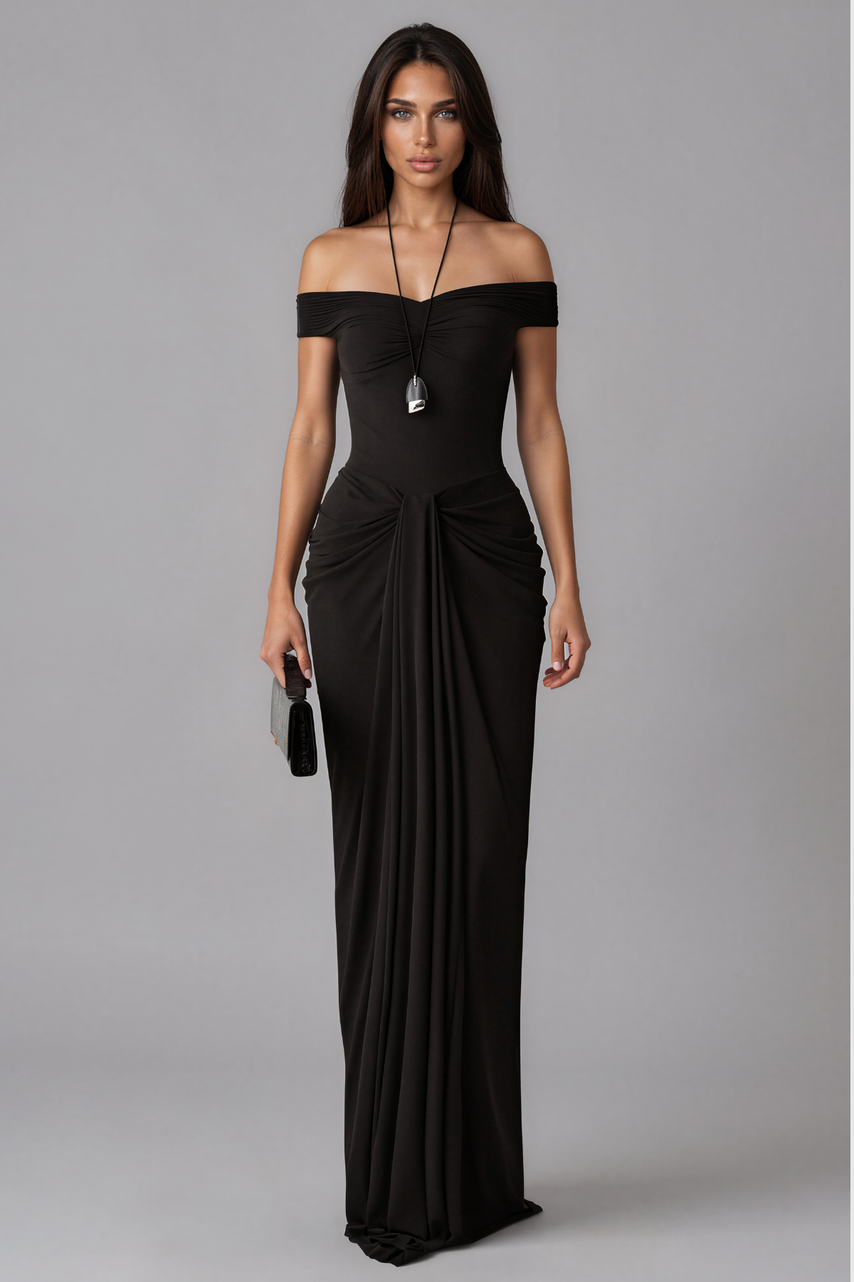 Ibrohim Off Shoulder Ruch Maxi Dress