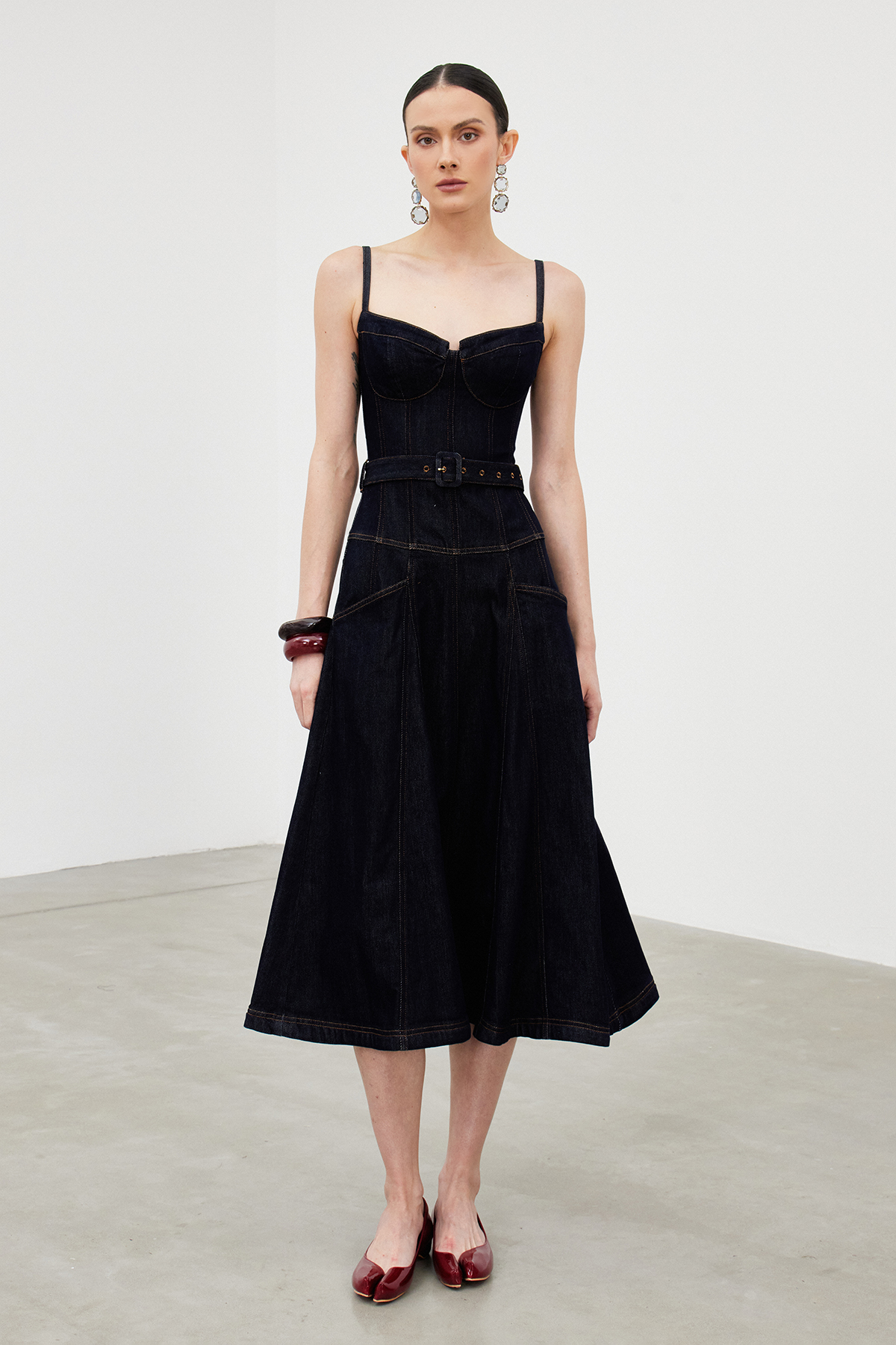 Icarus Spaghetti Denim Ruffle Maxi Dress