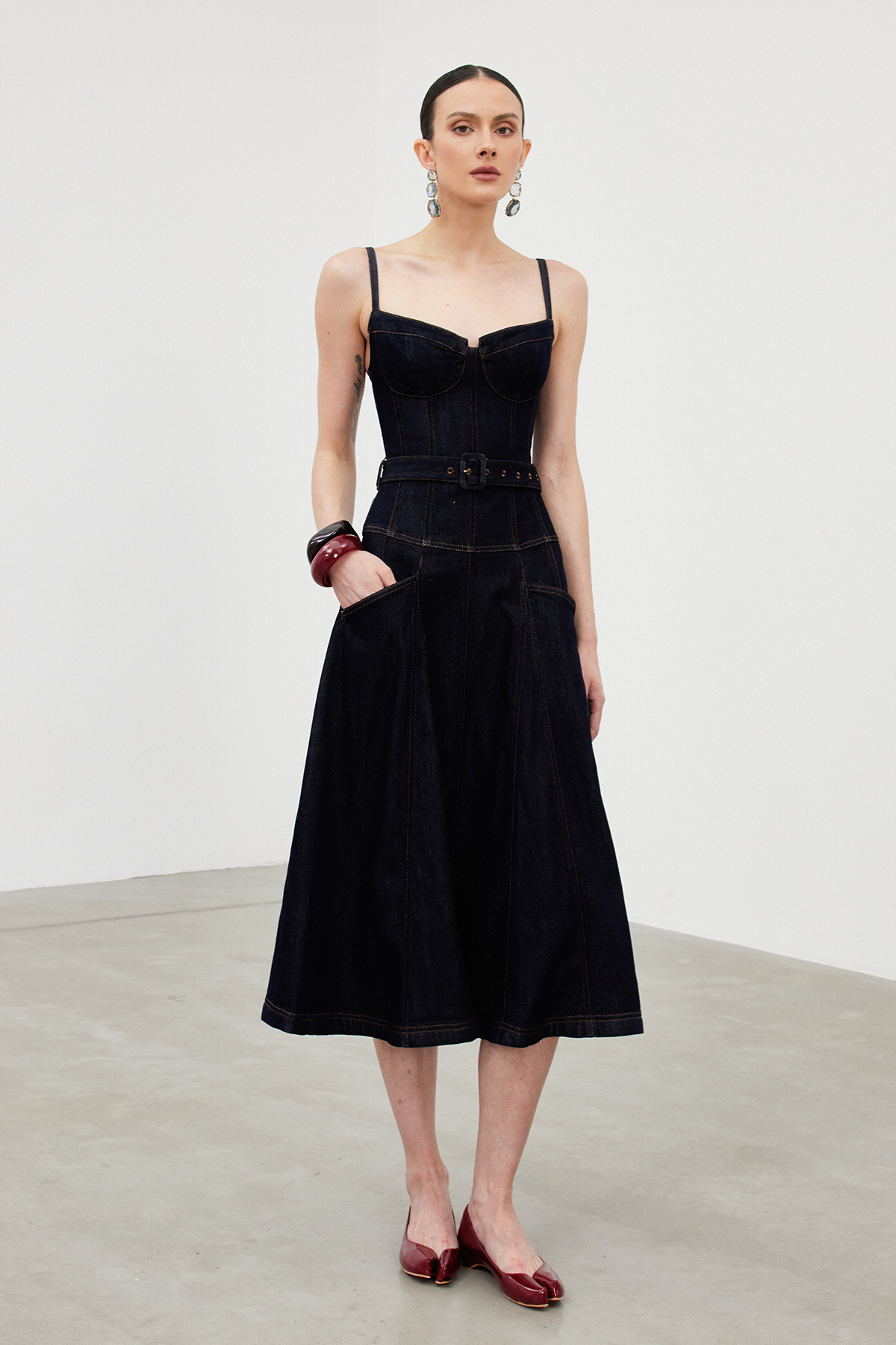 Icarus Spaghetti Denim Ruffle Maxi Dress