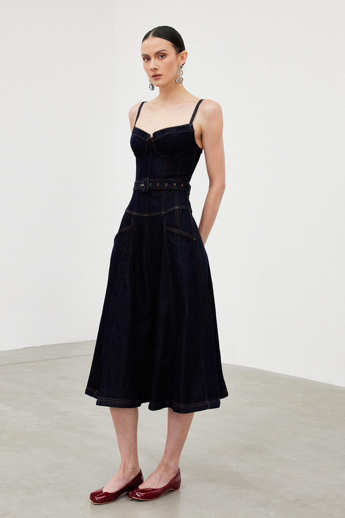 Icarus Spaghetti Denim Ruffle Maxi Dress
