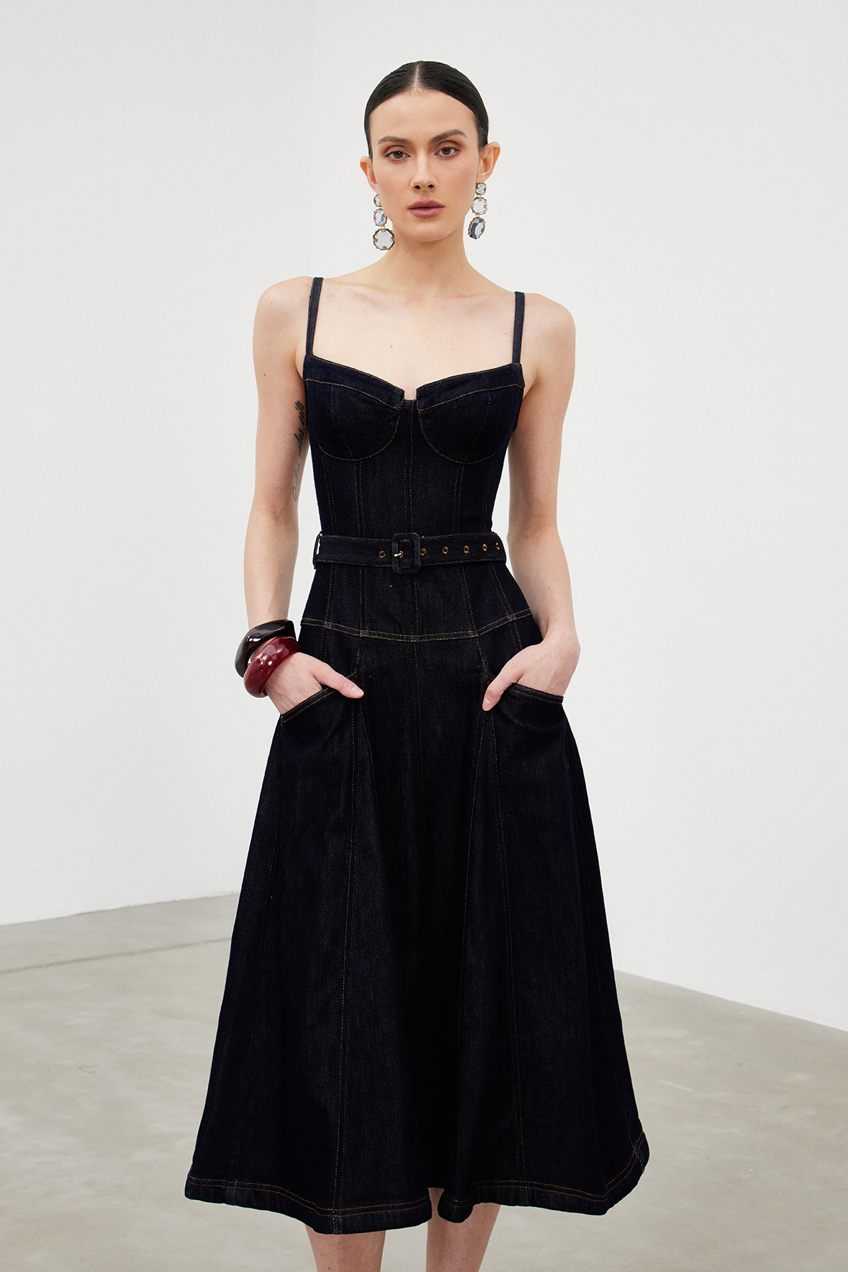 Icarus Spaghetti Denim Ruffle Maxi Dress