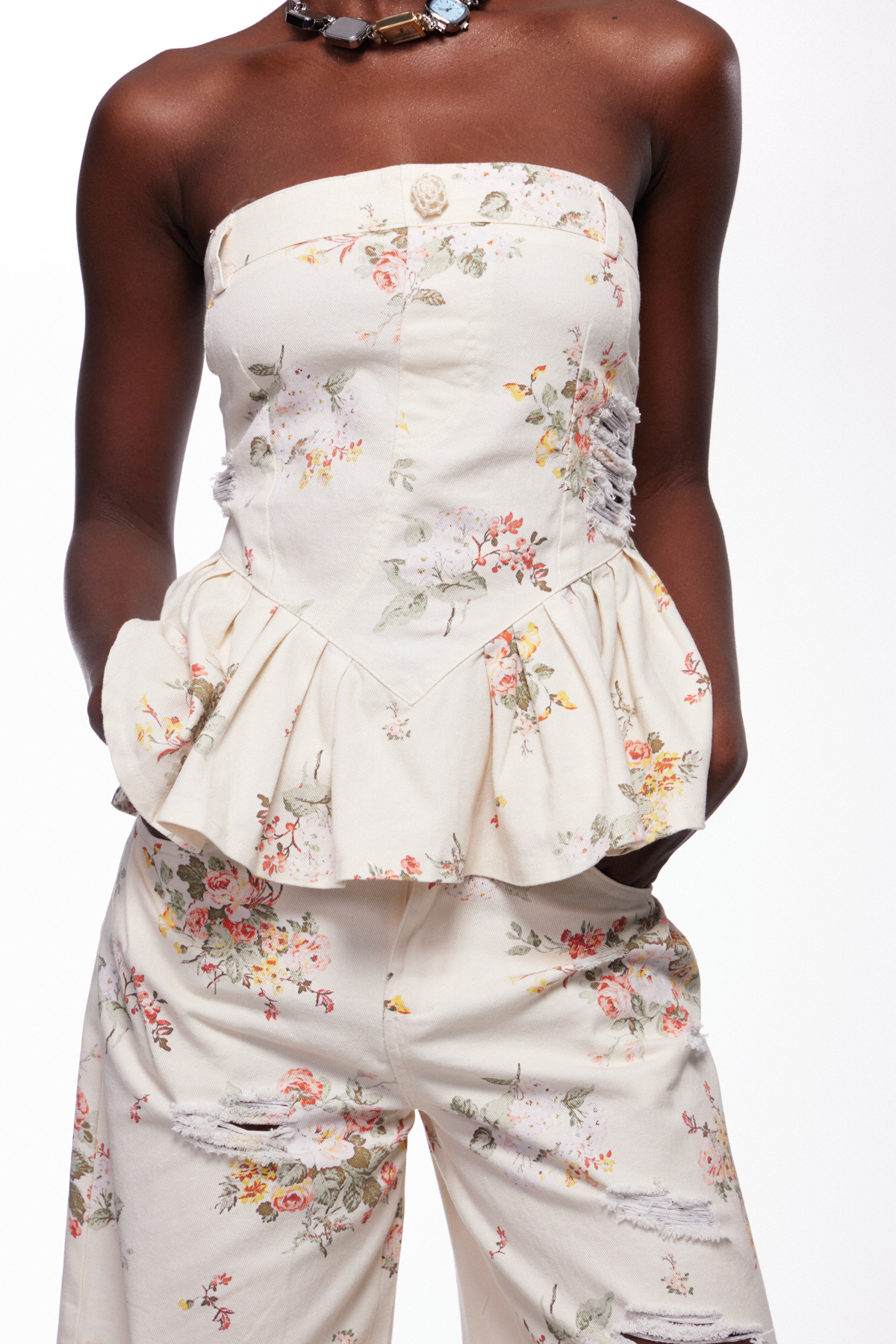 Iedida Strapless Floral Ripped Pants Set