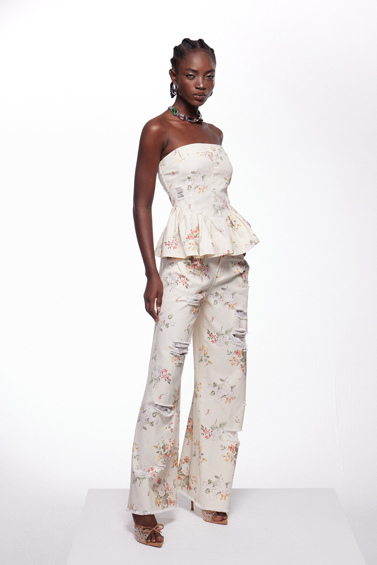 Iedida Strapless Floral Ripped Pants Set