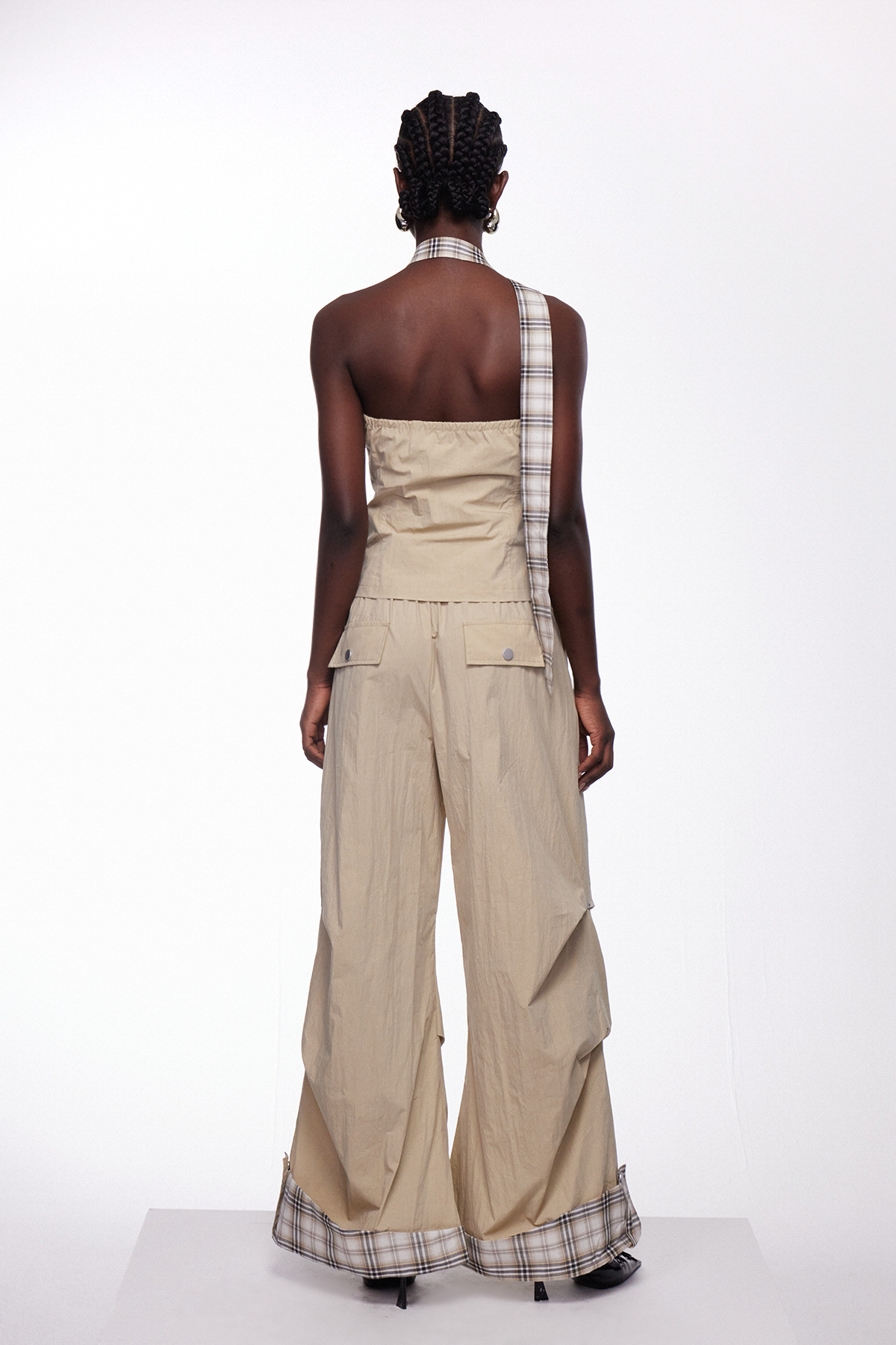 Ifan Cutout Grid Scarf Pants Set