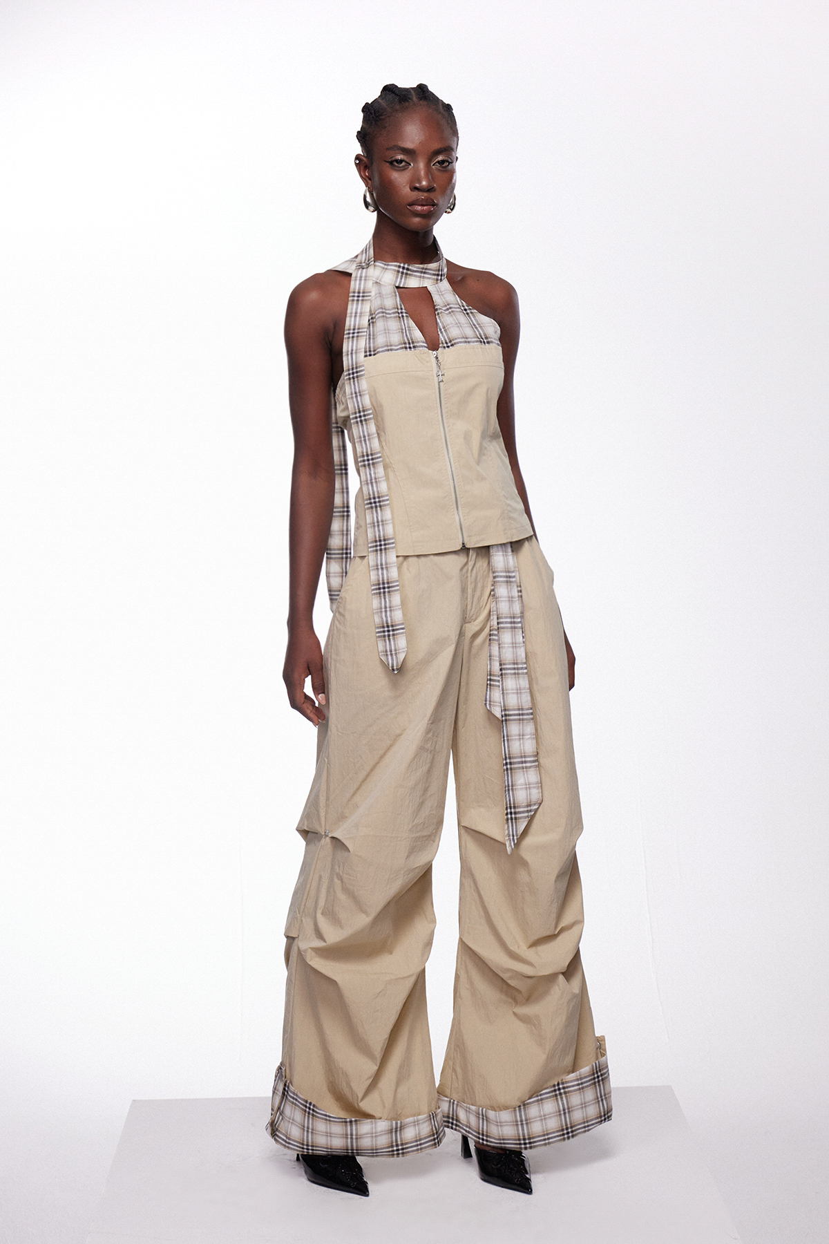 Ifan Cutout Grid Scarf Pants Set