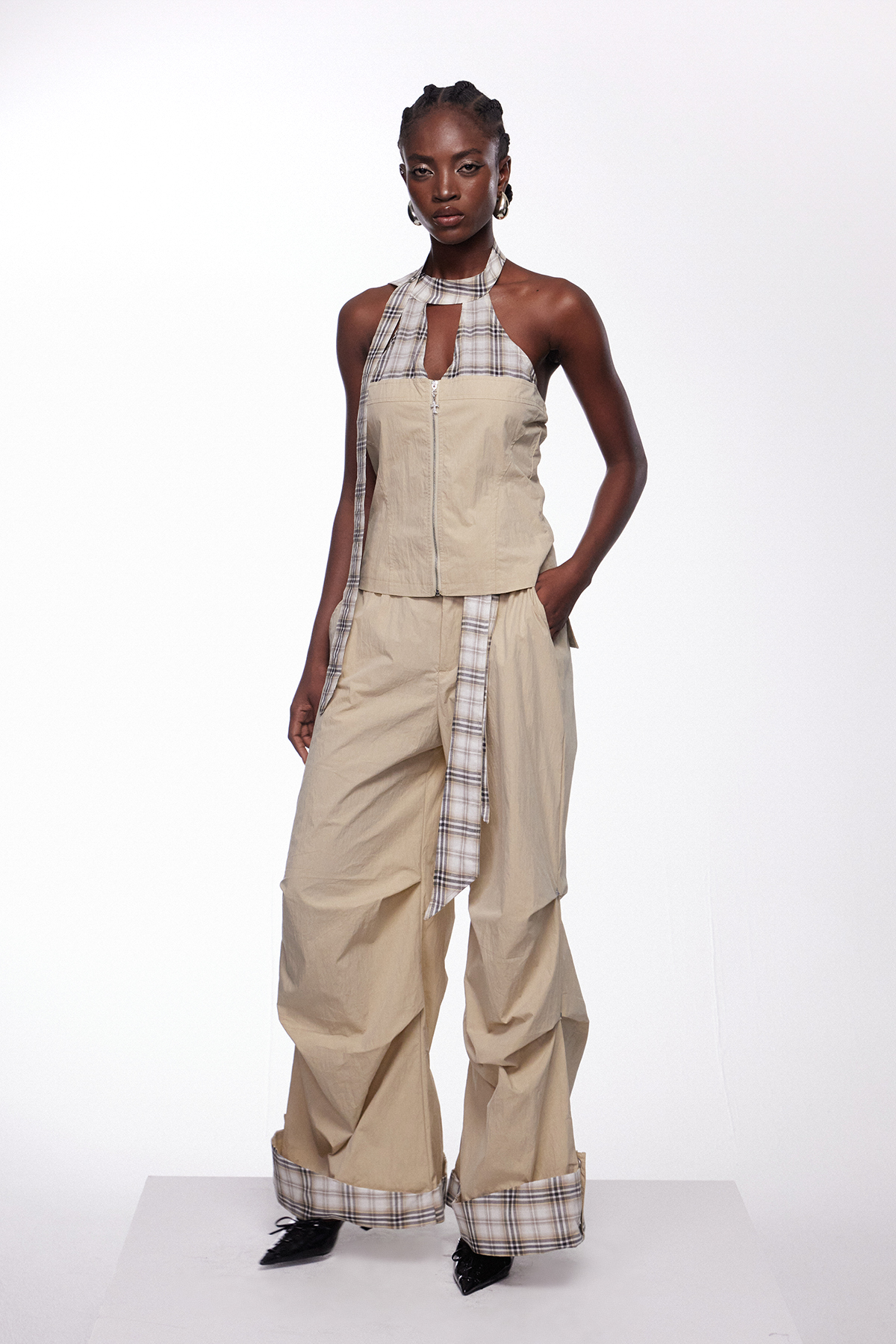 Ifan Cutout Grid Scarf Pants Set