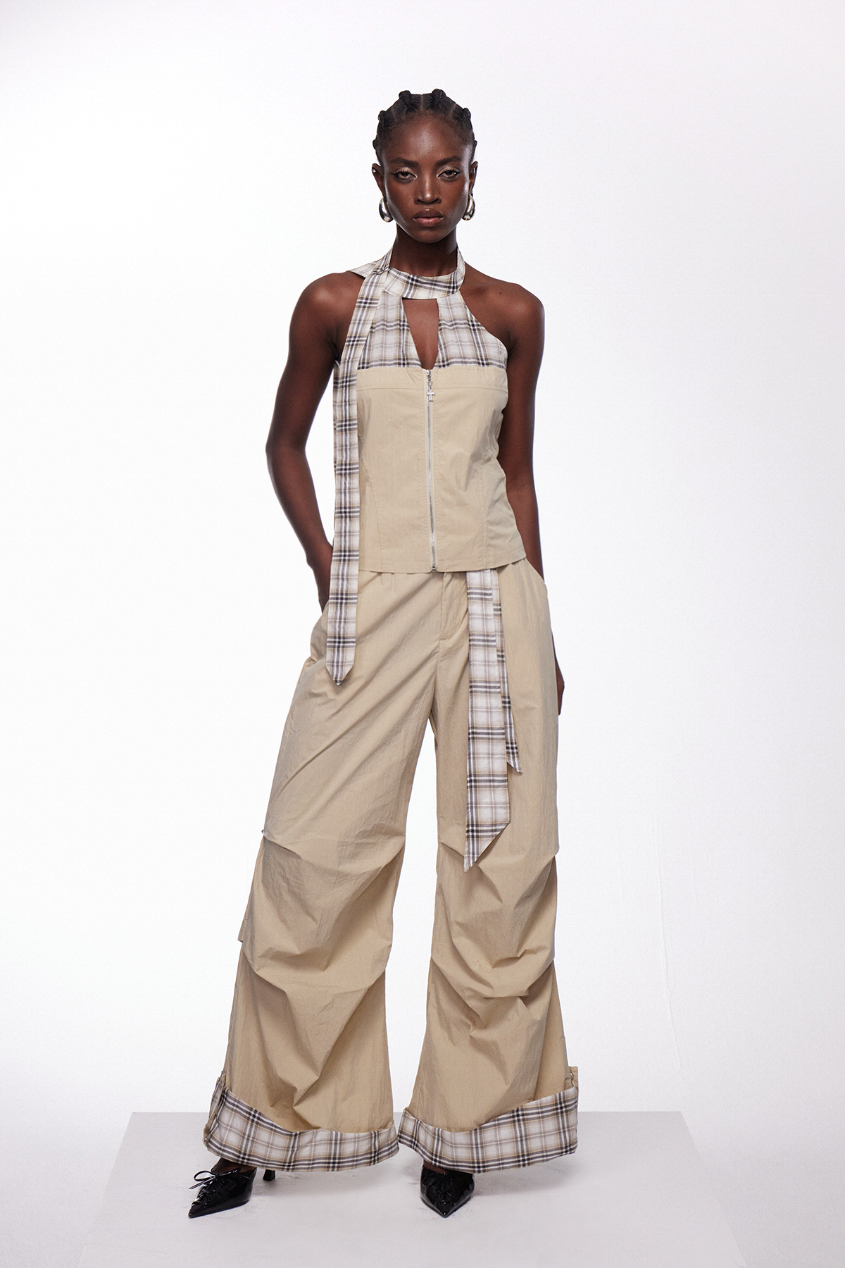 Ifan Cutout Grid Scarf Pants Set