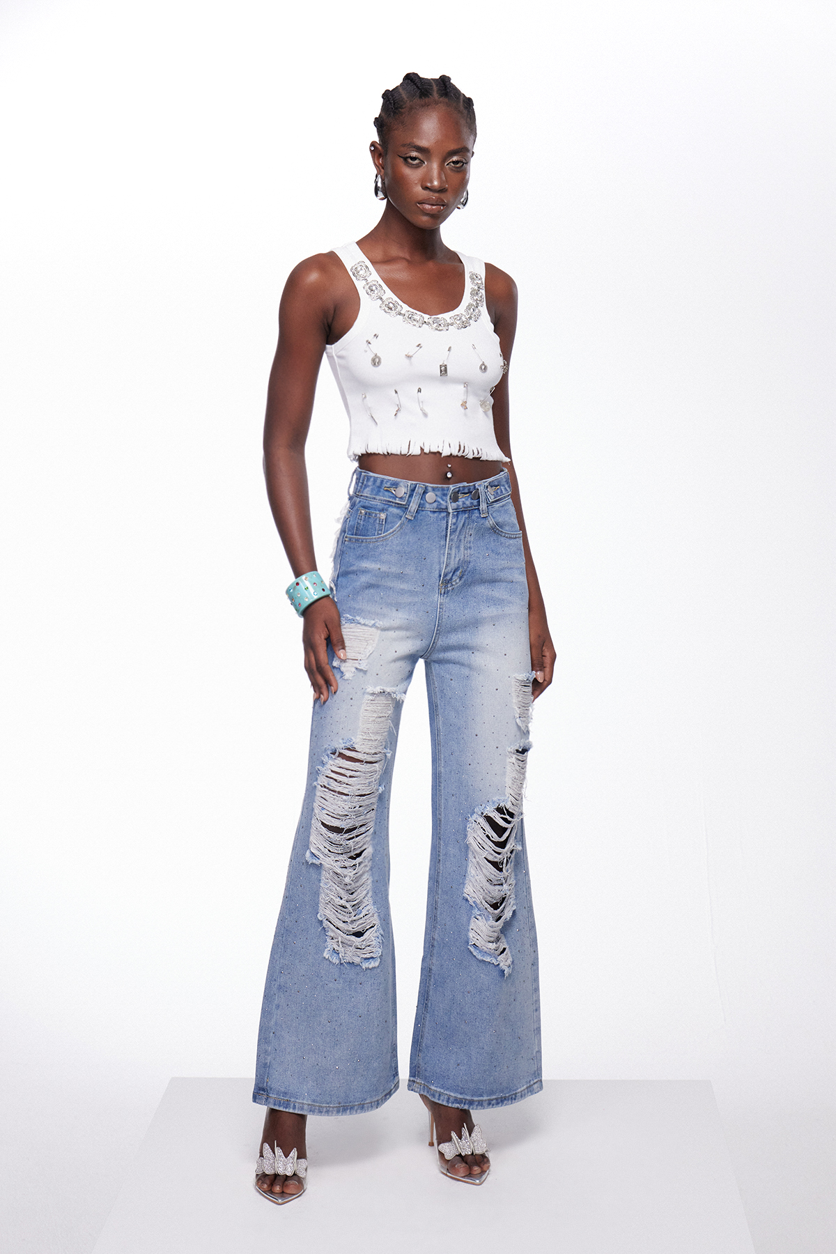 Ignas Ripped Embroidered Rhinestone Jeans