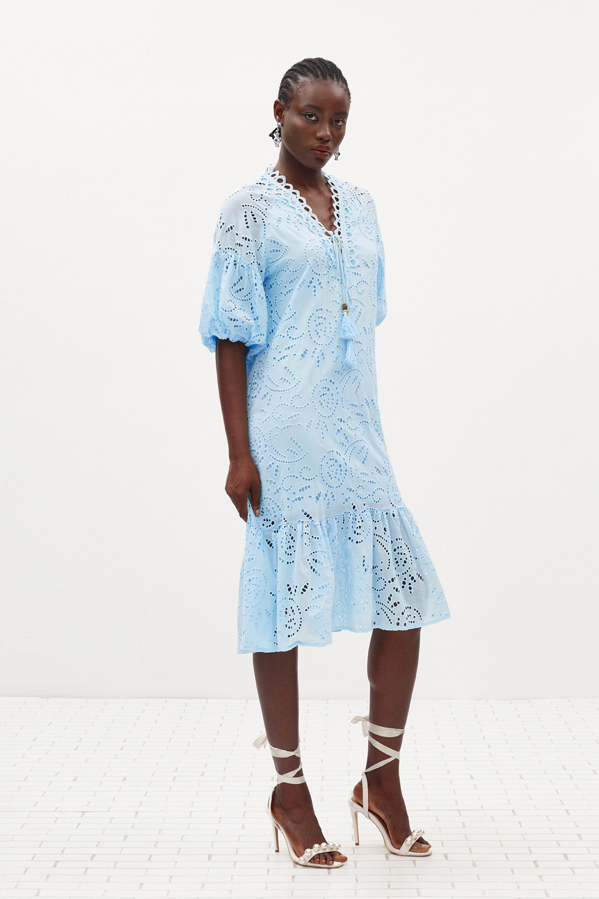 Ignat Balloon Sleeve Lace Midi Dress In Blue