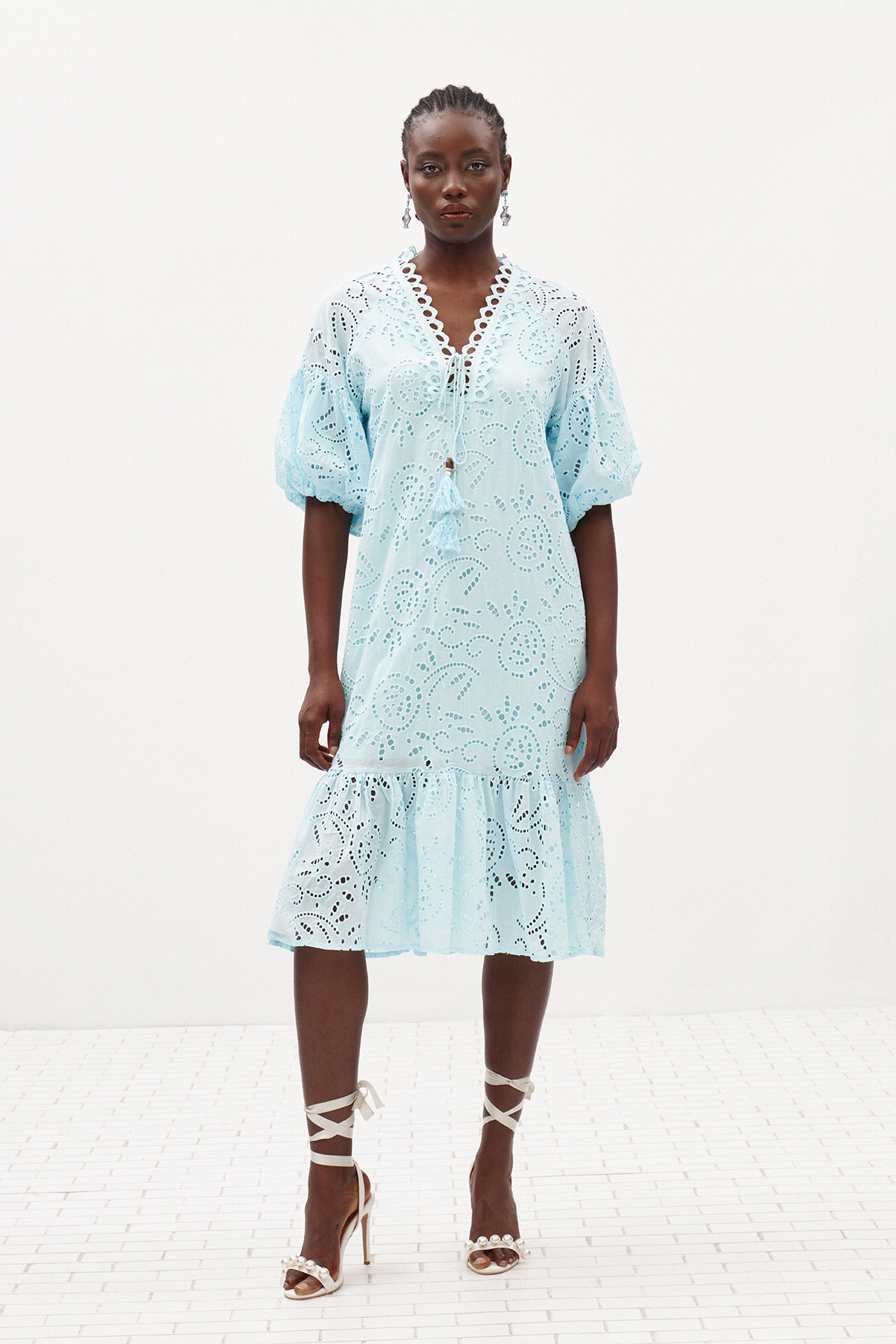 Ignat Balloon Sleeve Lace Midi Dress In Blue