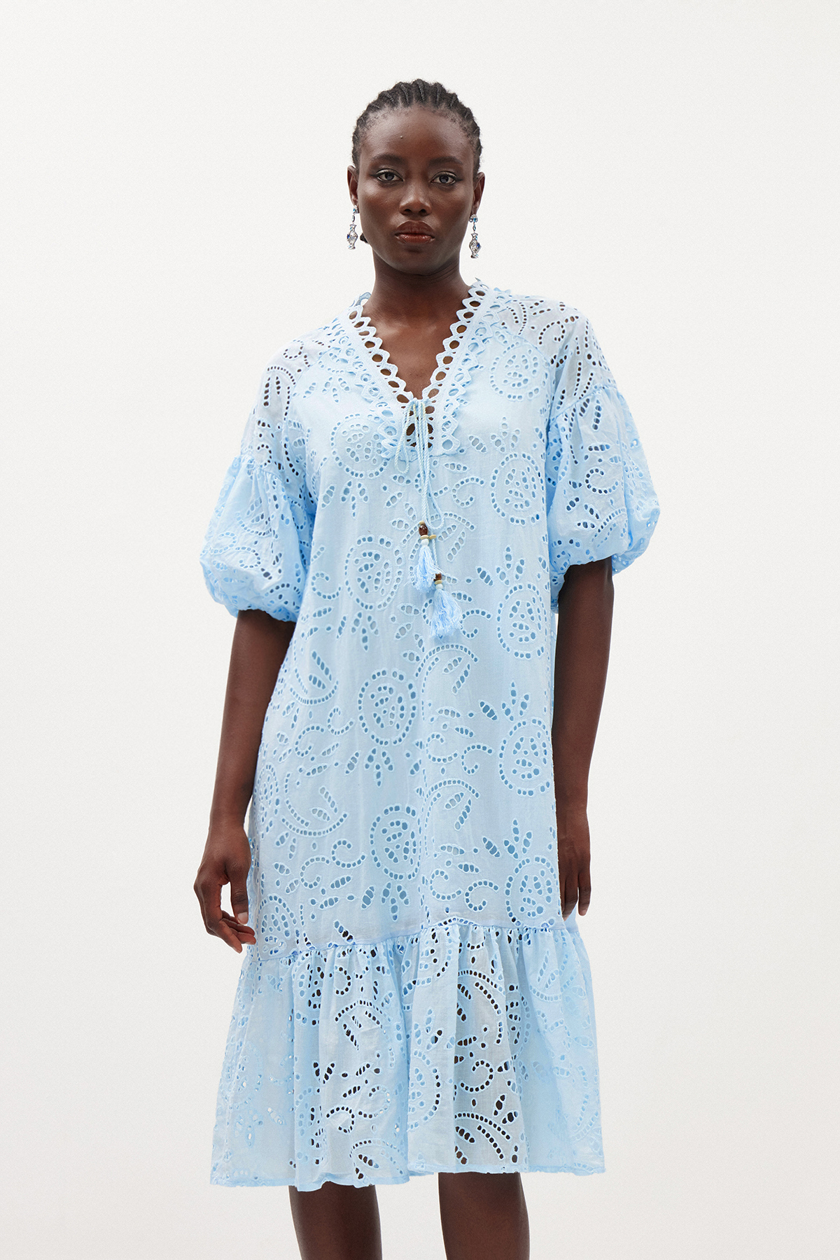 Ignat Balloon Sleeve Lace Midi Dress In Blue