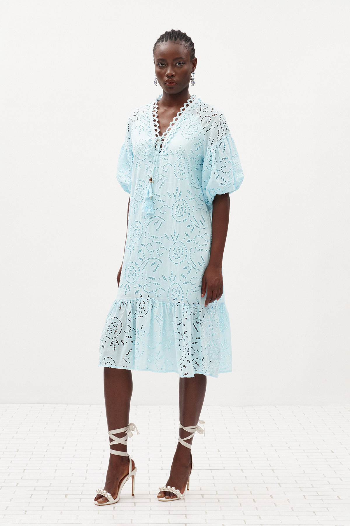 Ignat Balloon Sleeve Lace Midi Dress In Blue