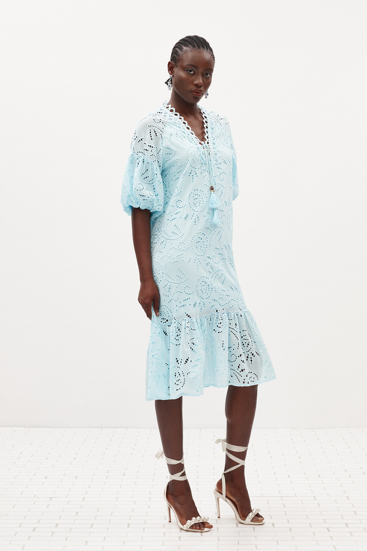 Ignat Balloon Sleeve Lace Midi Dress In Blue
