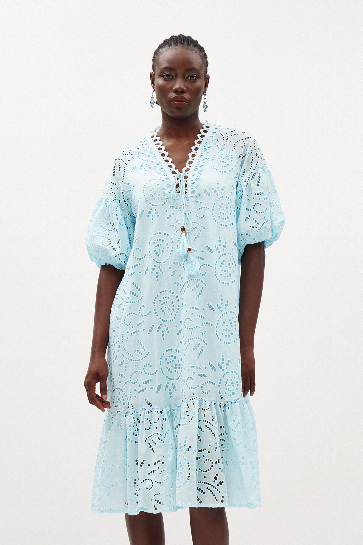 Ignat Balloon Sleeve Lace Midi Dress In Blue
