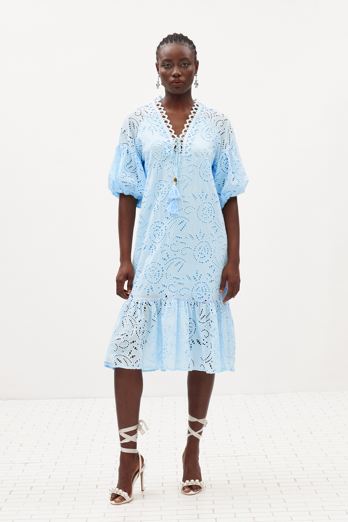 Ignat Balloon Sleeve Lace Midi Dress In Blue