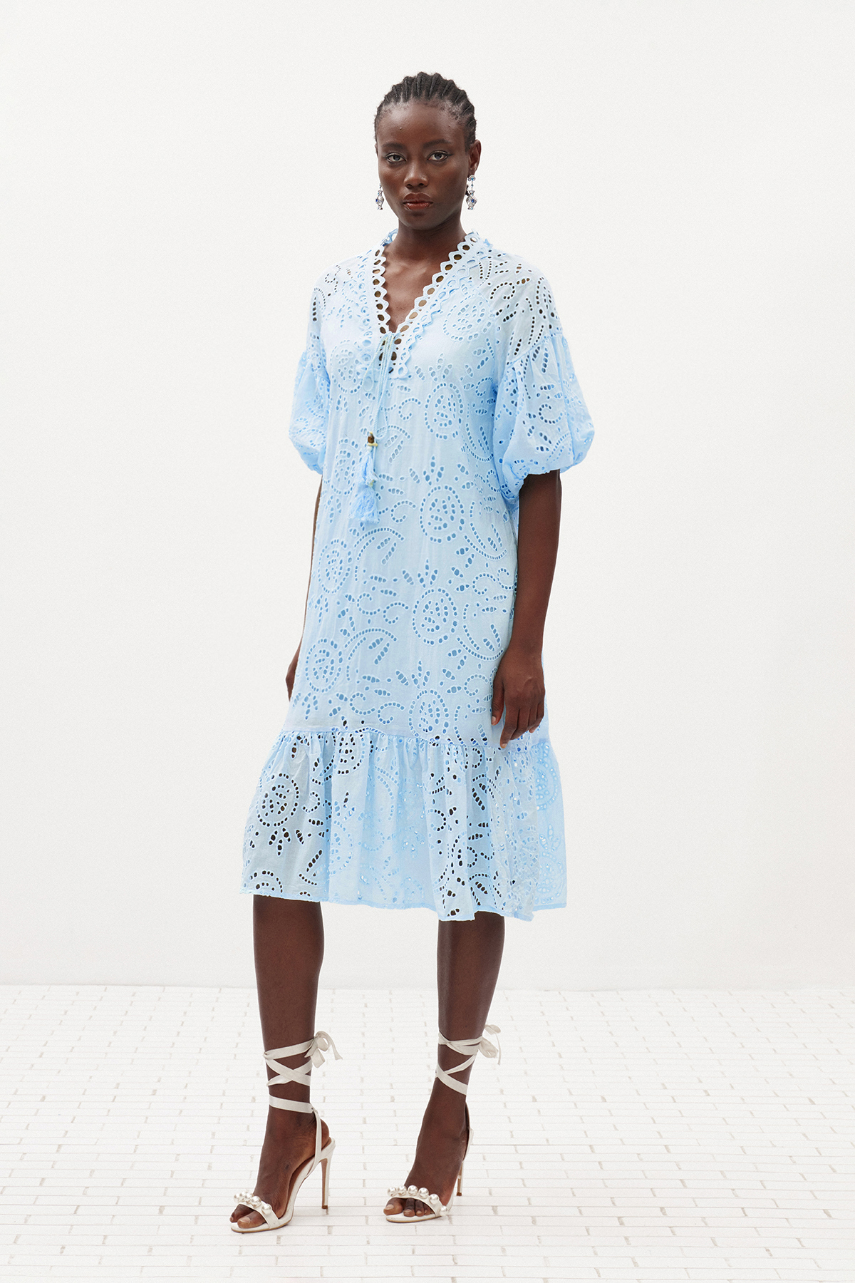 Ignat Balloon Sleeve Lace Midi Dress In Blue