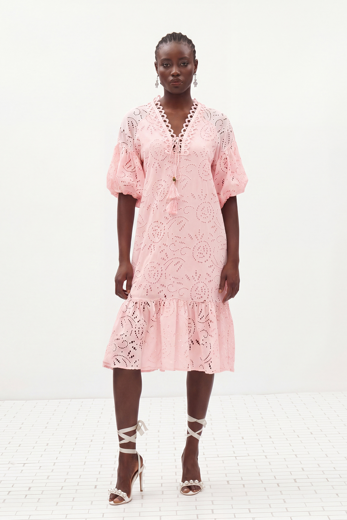 Ignat Balloon Sleeve Lace Midi Dress In Pink
