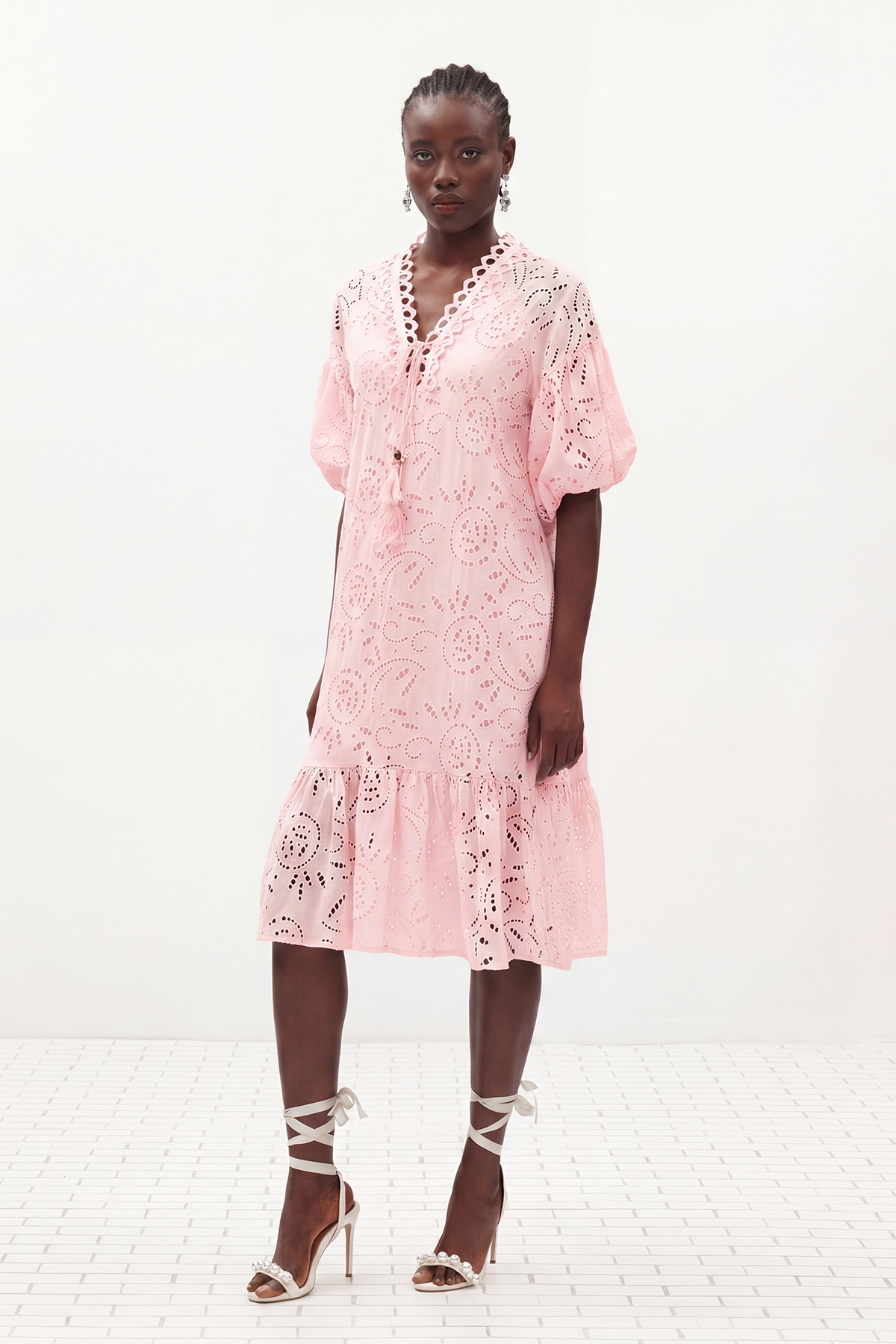 Ignat Balloon Sleeve Lace Midi Dress In Pink