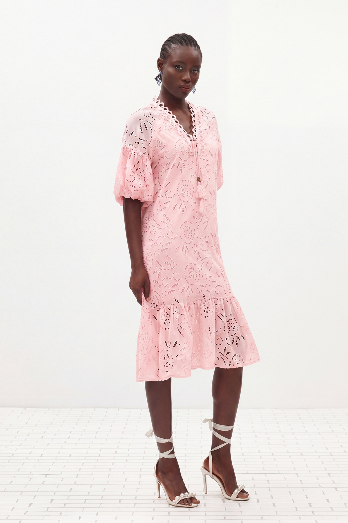 Ignat Balloon Sleeve Lace Midi Dress In Pink