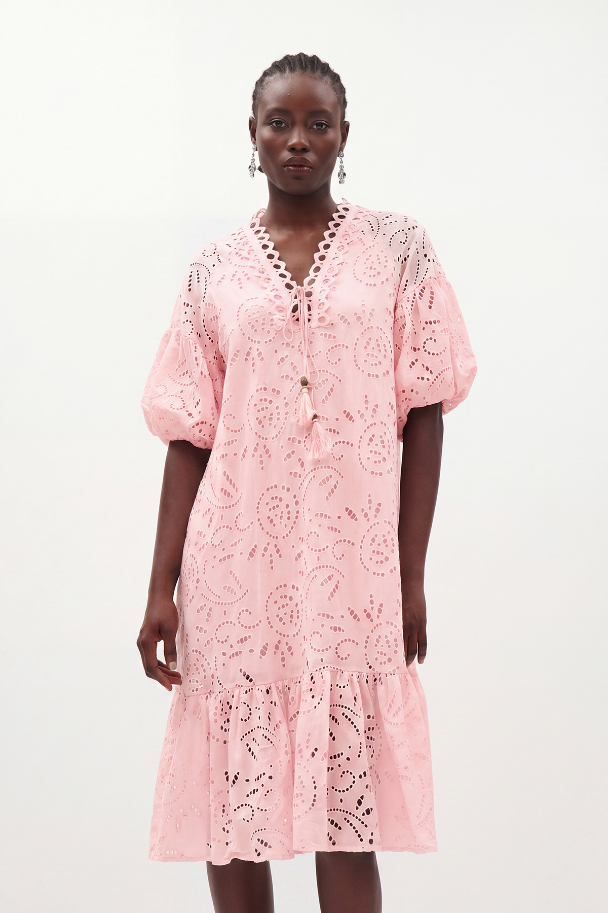 Ignat Balloon Sleeve Lace Midi Dress In Pink