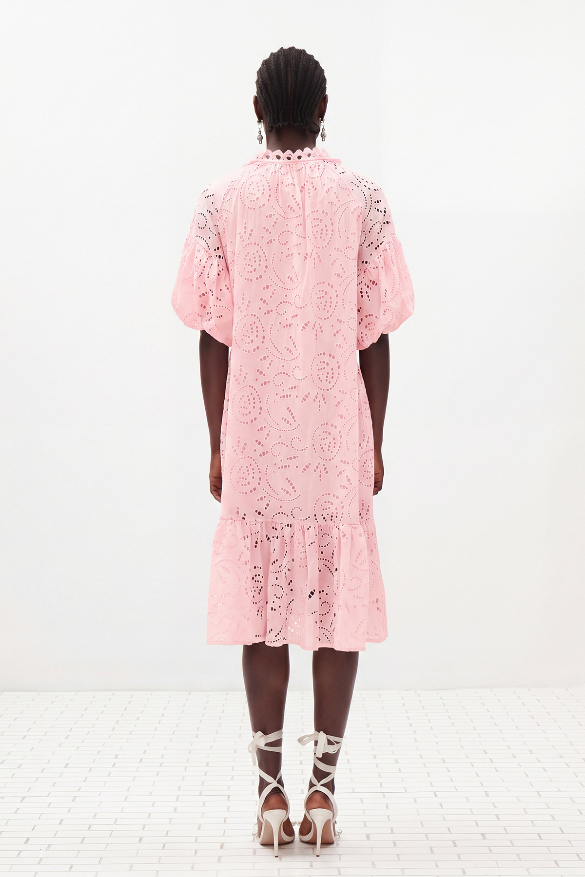 Ignat Balloon Sleeve Lace Midi Dress In Pink