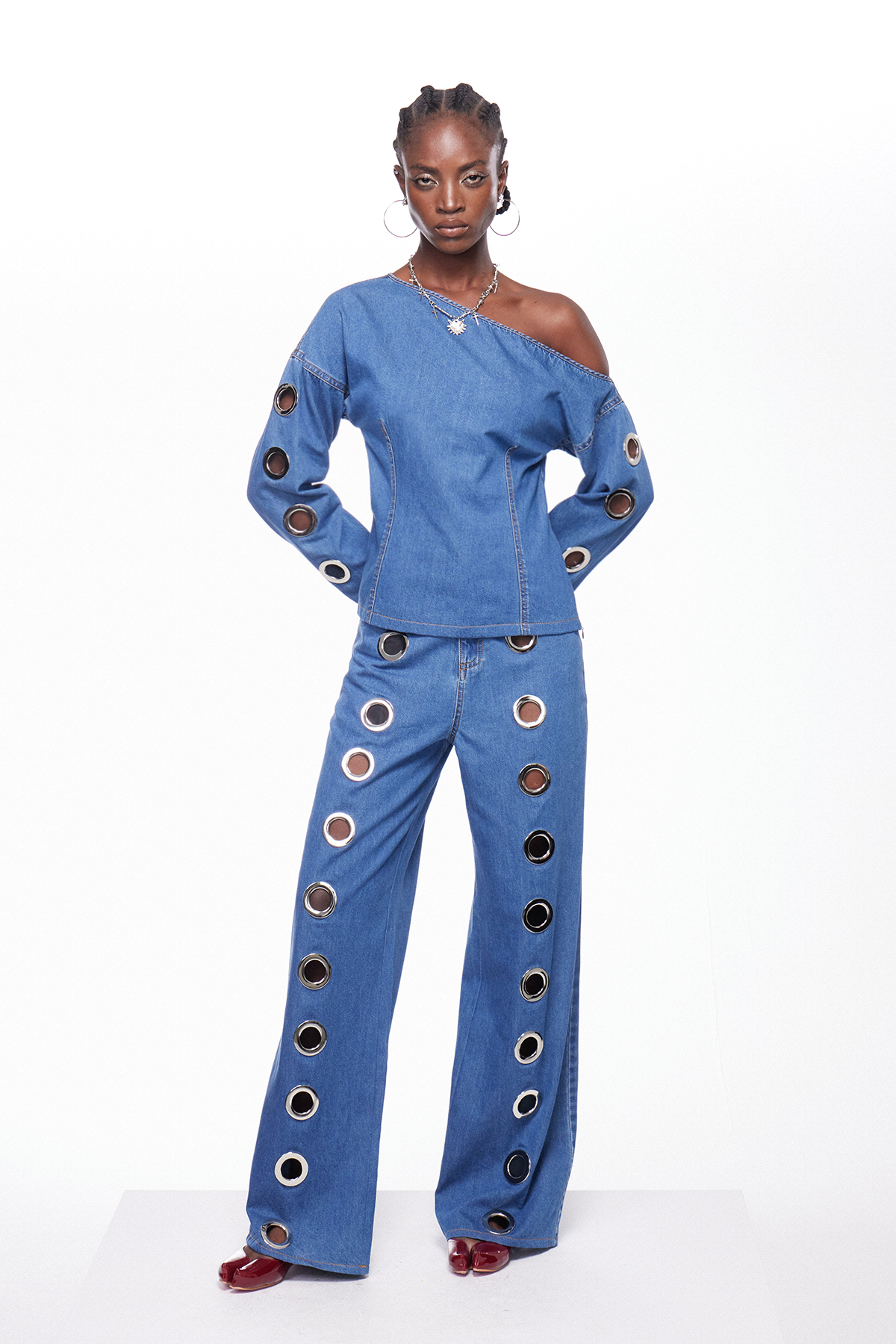 Ignatiy Asymmetric Eyelet Denim Pants Set