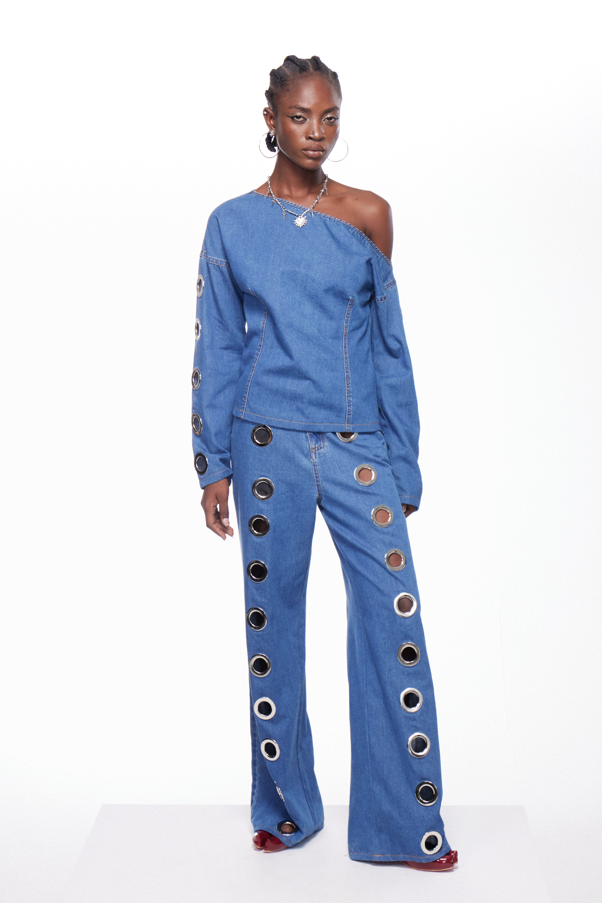 Ignatiy Asymmetric Eyelet Denim Pants Set