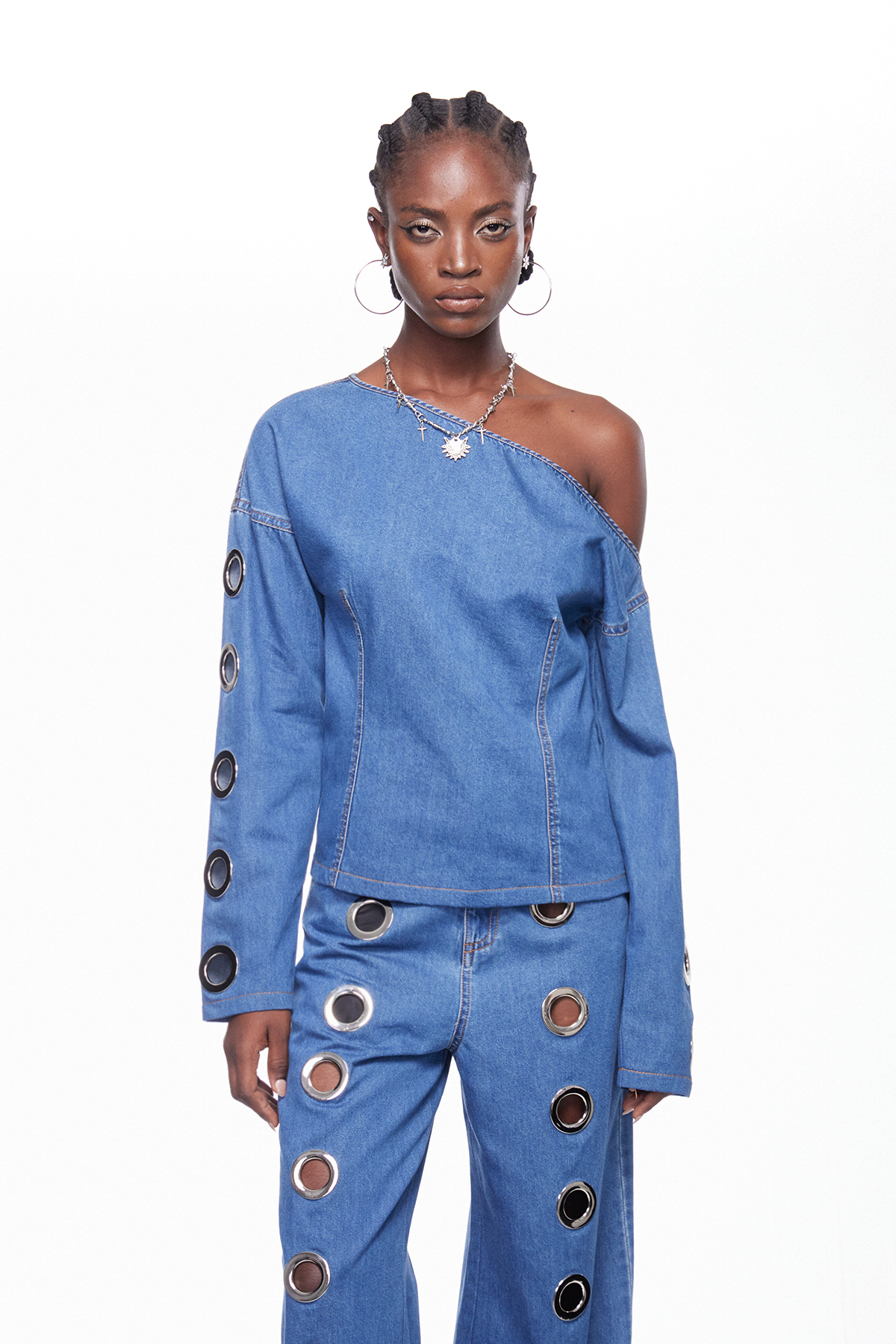 Ignatiy Asymmetric Eyelet Denim Pants Set
