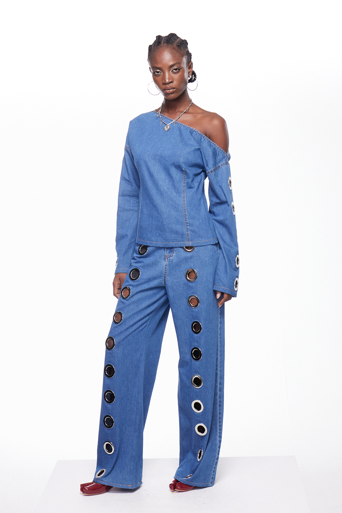 Ignatiy Asymmetric Eyelet Denim Pants Set