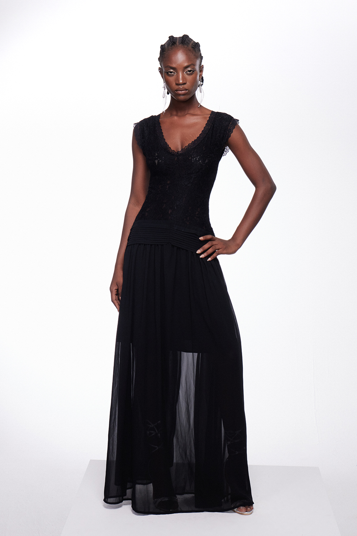 Ijun V Neck Lace Mesh Maxi Dress