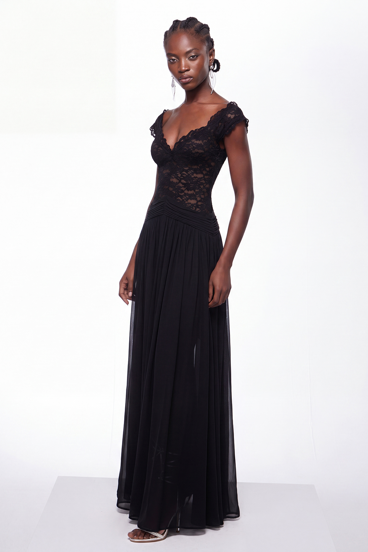 Ijun V Neck Lace Mesh Maxi Dress