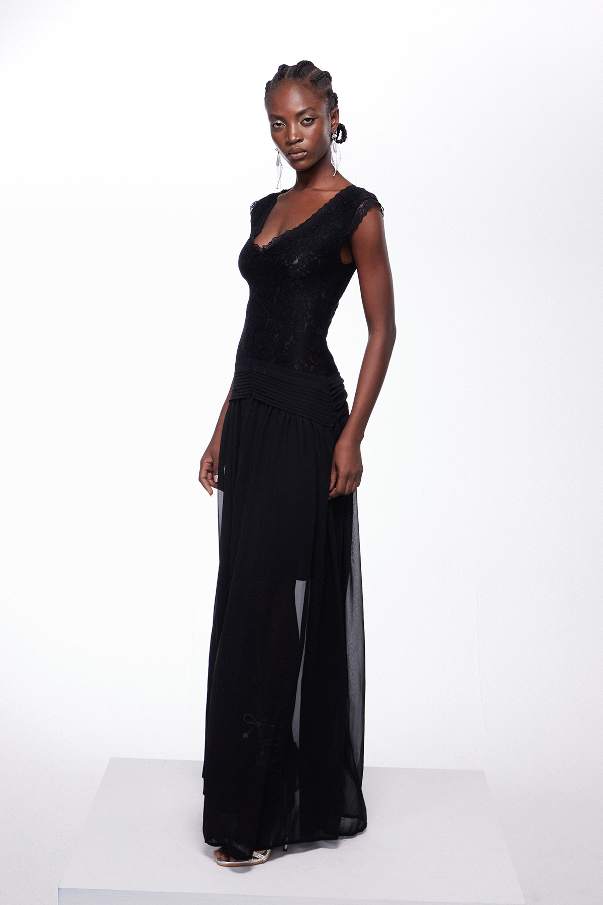 Ijun V Neck Lace Mesh Maxi Dress