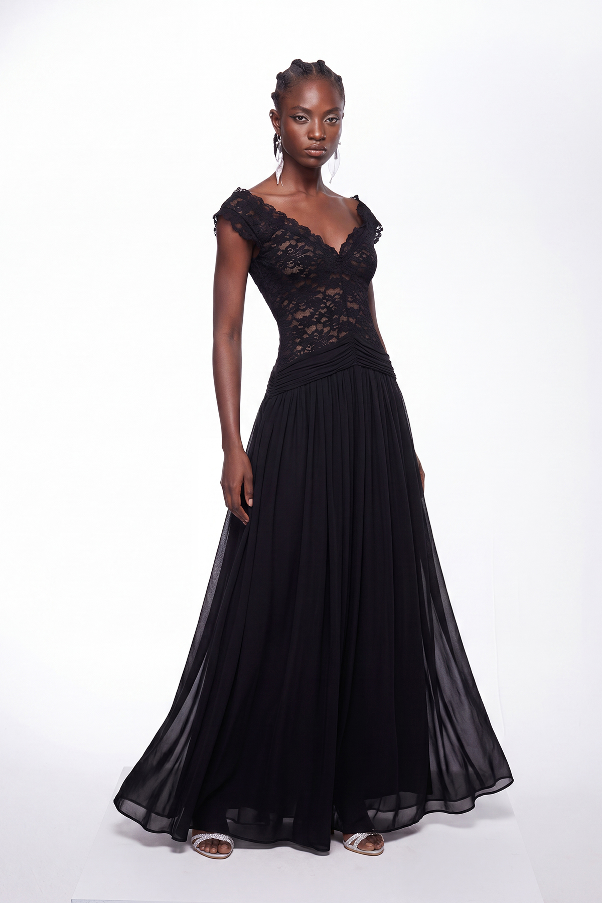 Ijun V Neck Lace Mesh Maxi Dress