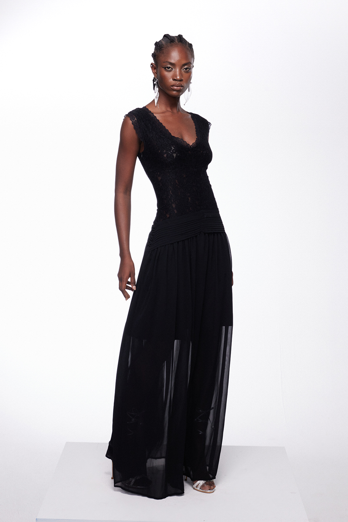 Ijun V Neck Lace Mesh Maxi Dress