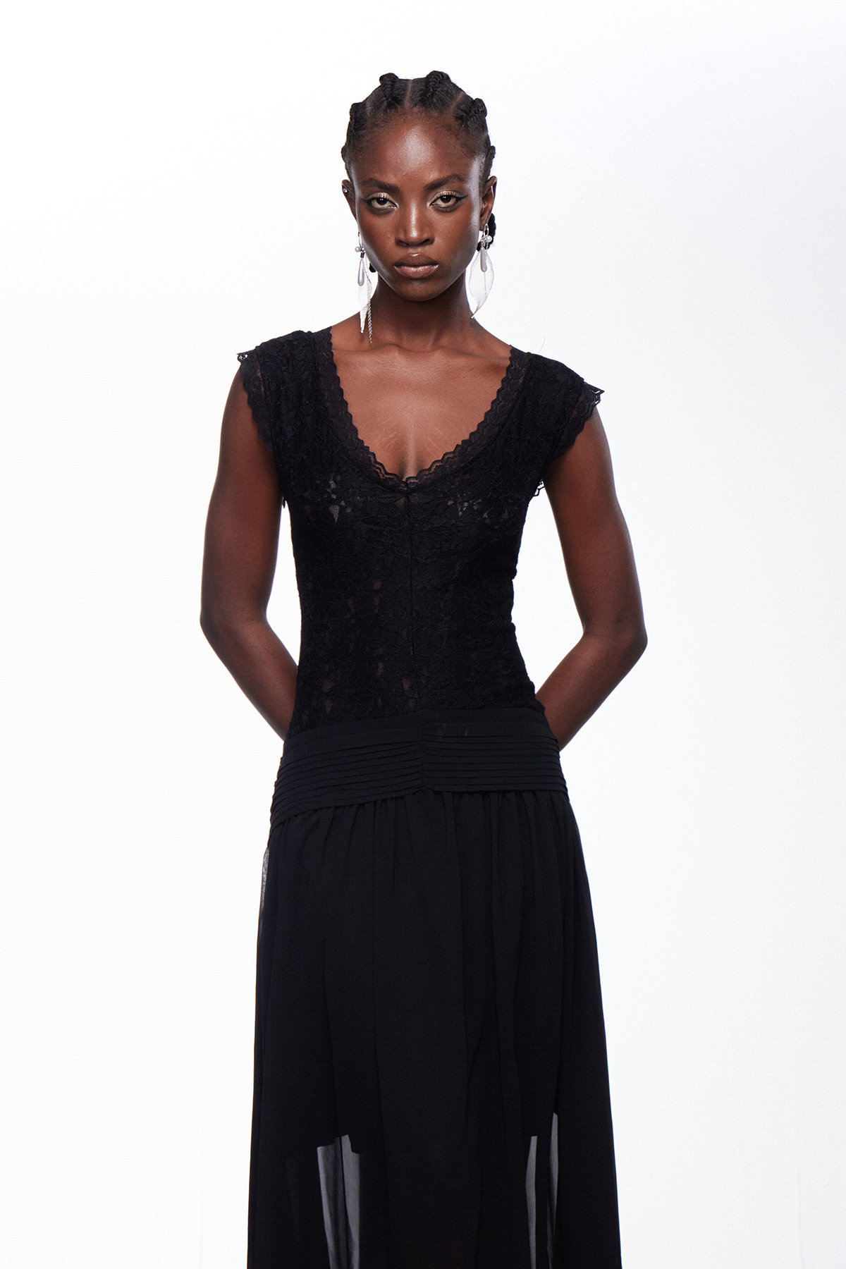 Ijun V Neck Lace Mesh Maxi Dress